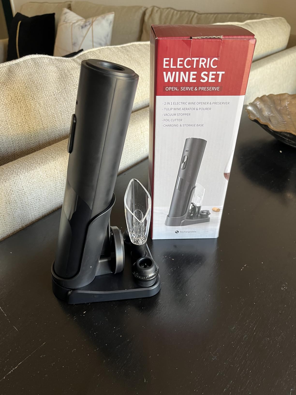 CIRCLE JOY Electric Wine Opener Rechargeable, 7-in-1 Automatic Wine Bottle Opener Gift Set with Electric Vacuum Pump, Foil Cutter, Aerator Pourer, 2 Stoppers & Charging Base, Black customer photo 2