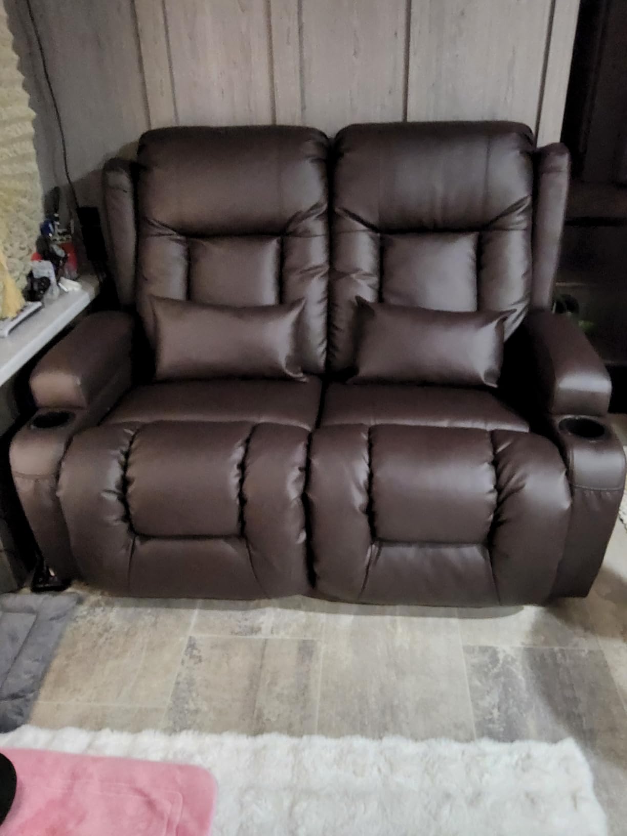 URRED Power Loveseat Recliner Sofa with Massage and Heat, Black | Wall Hugger Reclining Loveseat with Console, RV Couch Home Theater Seating with LED Lights for Living Room, Faux Leather customer photo 1