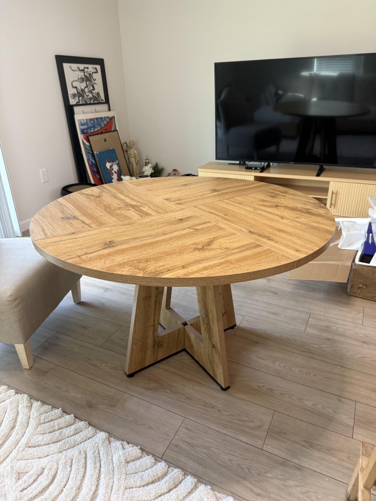 LITTLE TREE Round Dining Table for 4-6 People, 47 Inches Dining Room Table with Wooden Pedestal Base, Brown Dinner Tables, Circle Kitchen Tables for Dining Room, Kitchen, Living Room(Table Only) customer photo 2
