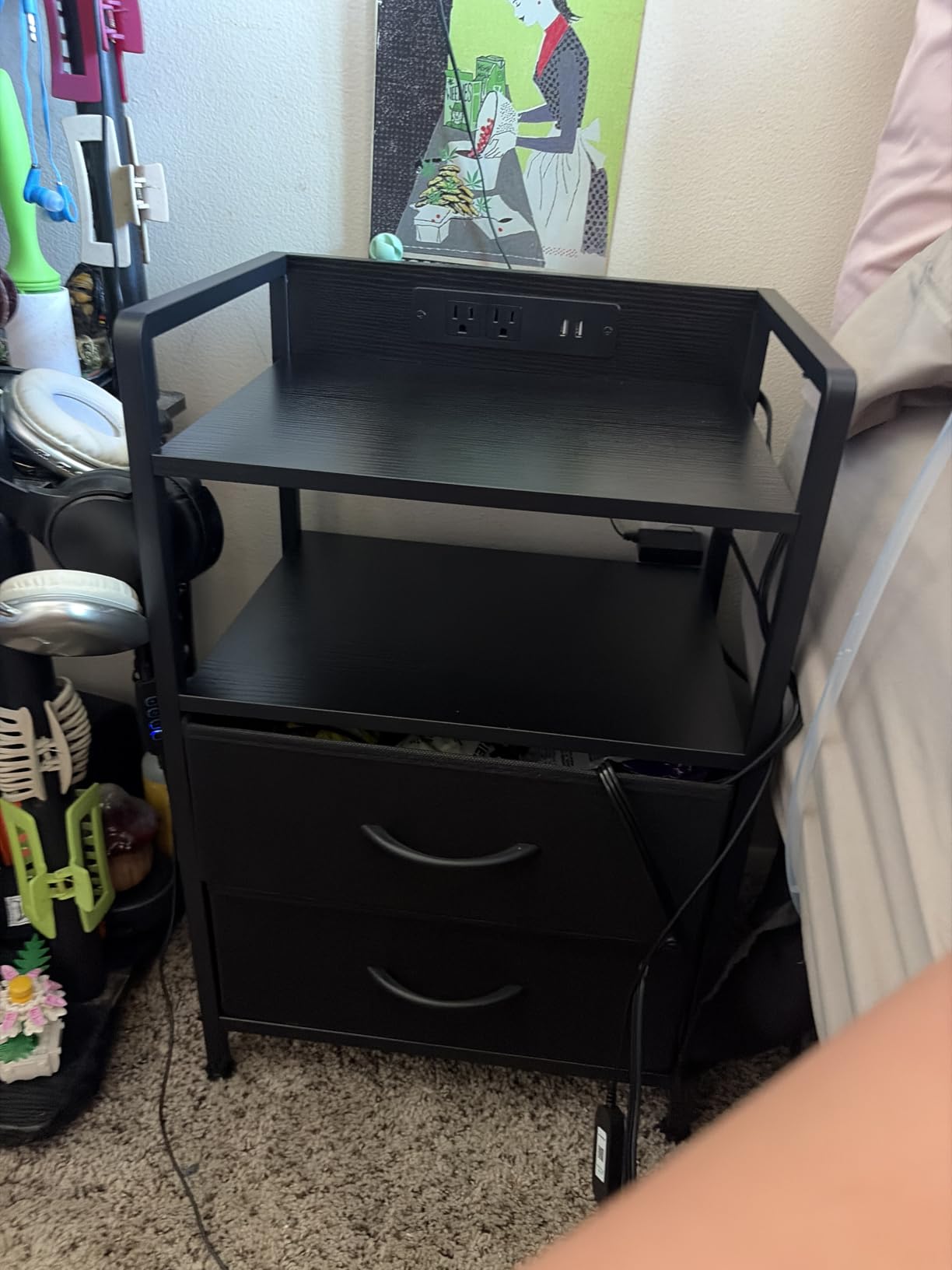 Lazzanto Nightstand with Rear Charging Station, LED Light, 2 Drawers, Black, Industrial Nightstand, 2 USB-A Ports & AC Outlets, Raised Back Guard, Fabric Storage Drawers, Bedside Table for Bedroom, Dorm customer photo 1