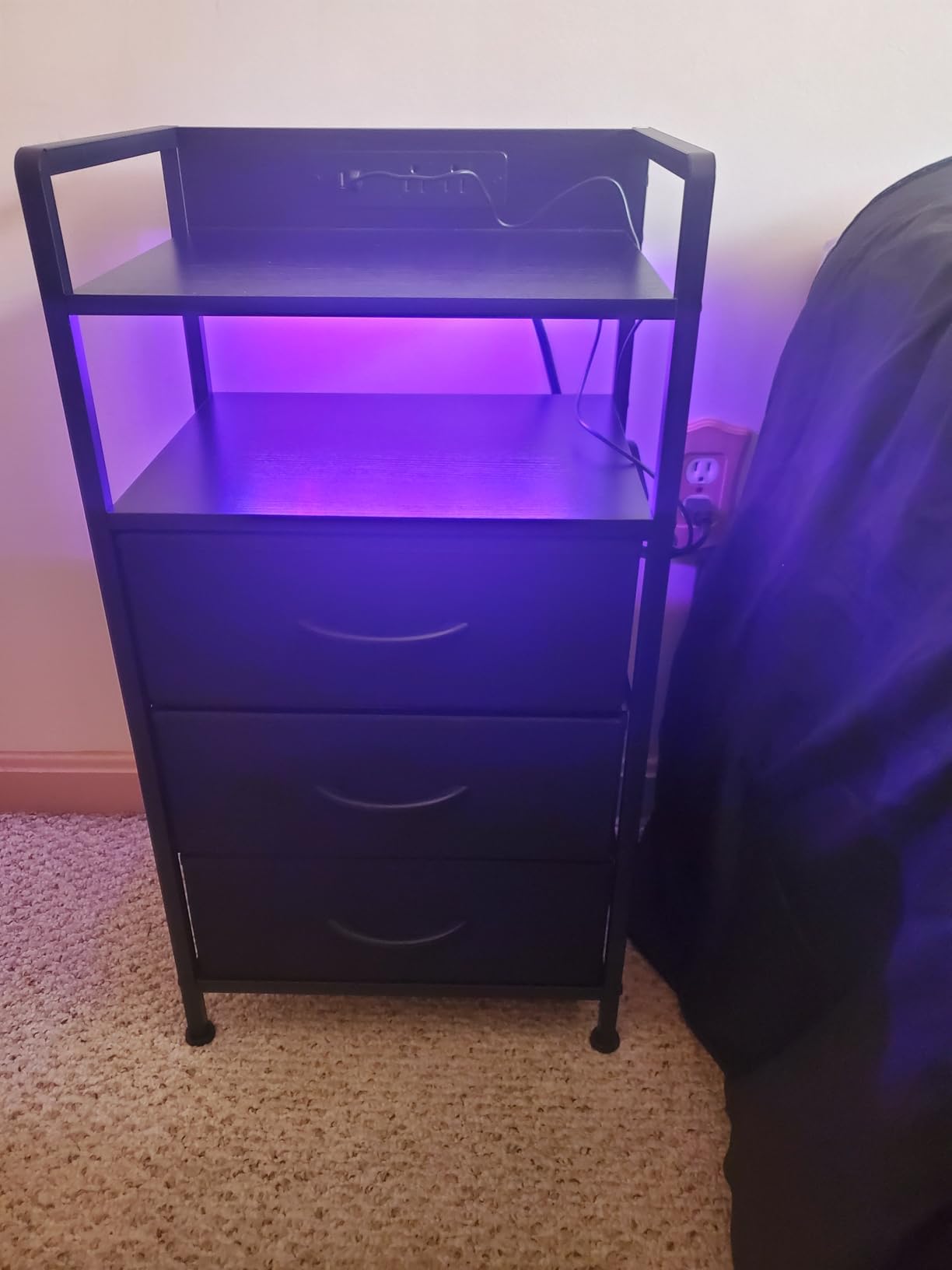 Lazzanto Nightstand with Rear Charging Station, LED Light, 2 Drawers, Black, Industrial Nightstand, 2 USB-A Ports & AC Outlets, Raised Back Guard, Fabric Storage Drawers, Bedside Table for Bedroom, Dorm customer photo 2