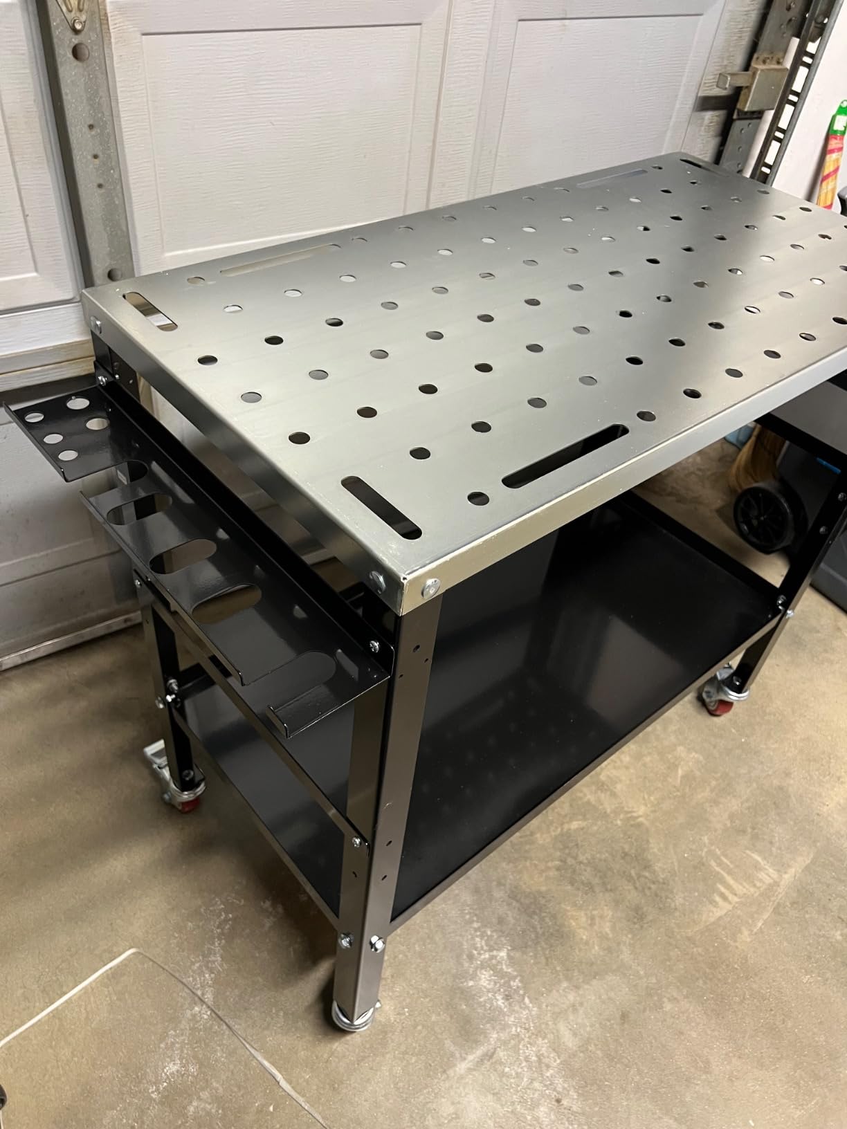 Goplus Rolling Welding Table, 1200 LBS Welding Workbench Table Top w/Lockable Wheels, Tool Rack & Tray, 144 5/8