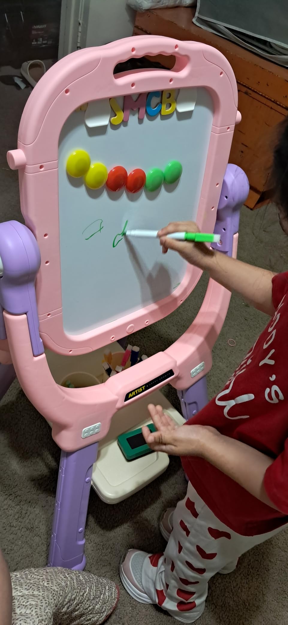 Kids Art Easel for Toddler Age 3-5 Magnetic Double-Sided Board | Adjustable Standing Chalkboard & Whiteboard with Painting Accessories, Birthday Christmas Gift for 3 4 5 Year Old Boys Girls customer photo 1