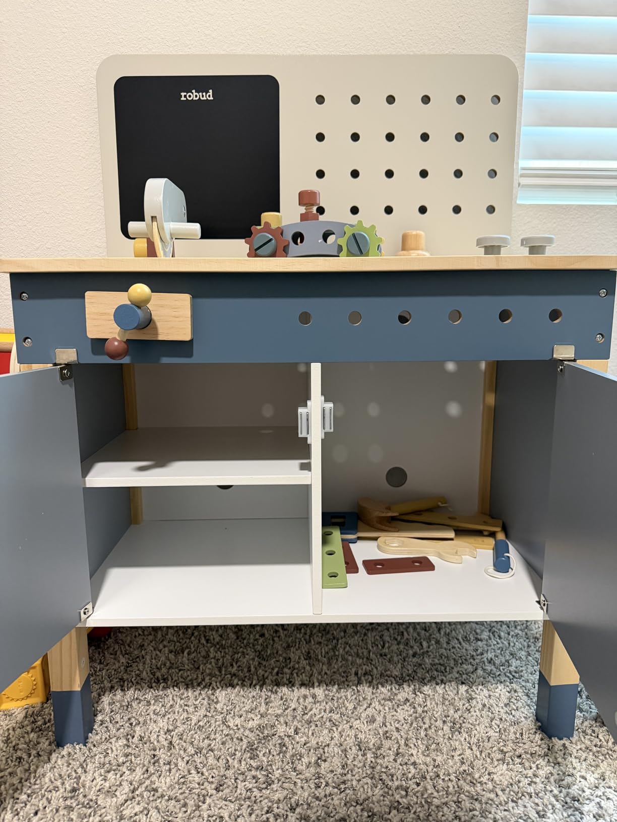 ROBOTIME Kids Wooden Tool Bench Set Large Storage Space Gift for Age 3+ | Haze blue workbench for building pretend play, develops problem-solving and fine motor skills customer photo 1