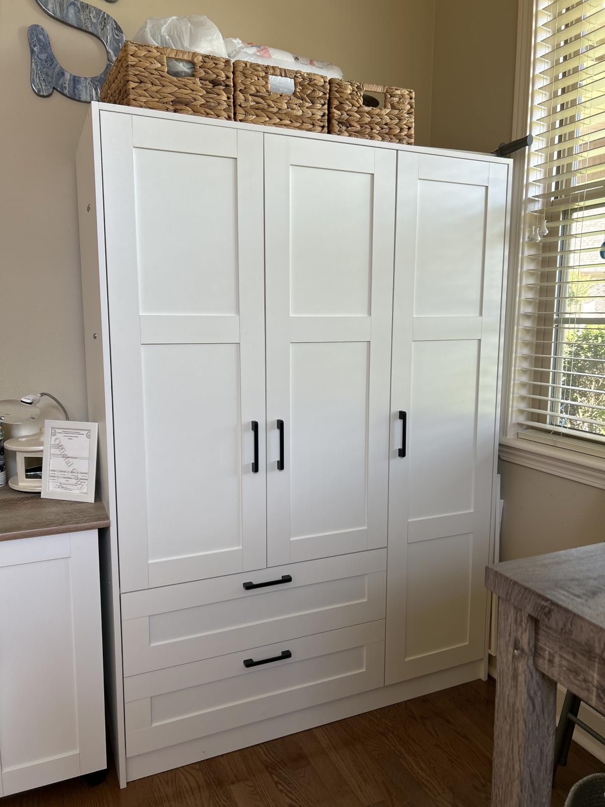 Fenghua Lizhi 3 Doors Wooden Wardrobe Closet Armoire, White Storage Cabinet for Hanging Clothes, Bedroom Large Capacity Freestanding Armoire, Wood Wardrobe Combination with Shelves (2drawer, White) customer photo 2