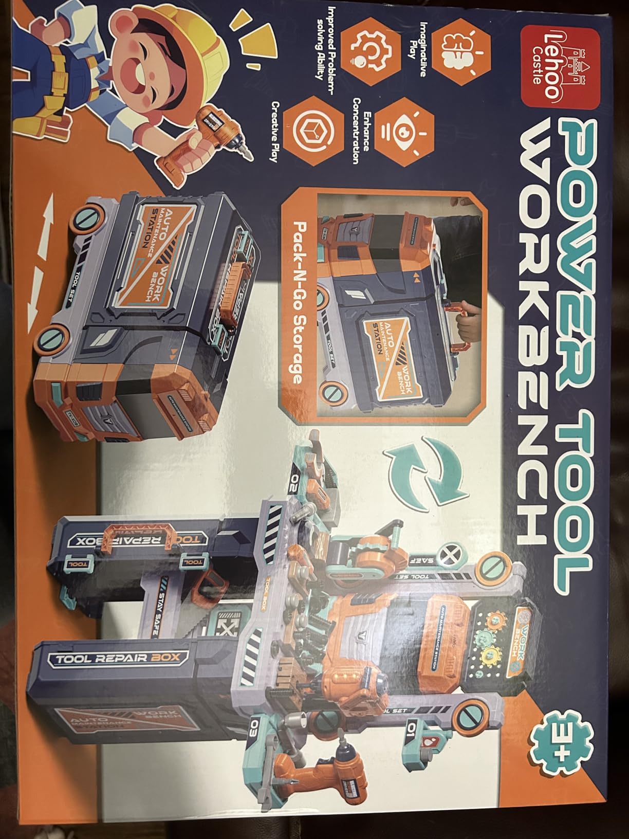 Lehoo Castle Kids Tool Bench with Electric Drill, Realistic Tools, Trucks | 2 in 1 Construction Workbench and Tool Box, Toddler Tool Bench Set with Take Apart Trucks, Tool Workshop Playset for Ages 3-5 customer photo 1
