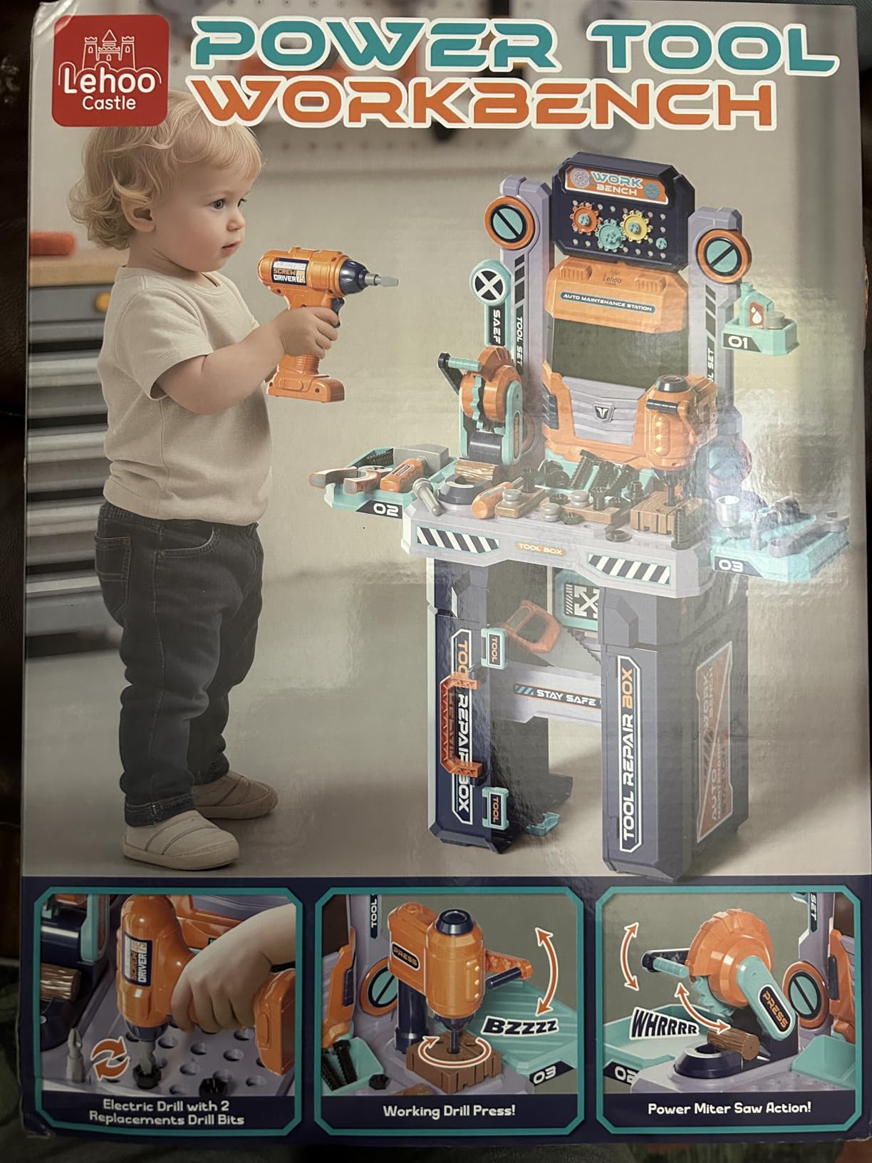Lehoo Castle Kids Tool Bench with Electric Drill, Realistic Tools, Trucks | 2 in 1 Construction Workbench and Tool Box, Toddler Tool Bench Set with Take Apart Trucks, Tool Workshop Playset for Ages 3-5 customer photo 2