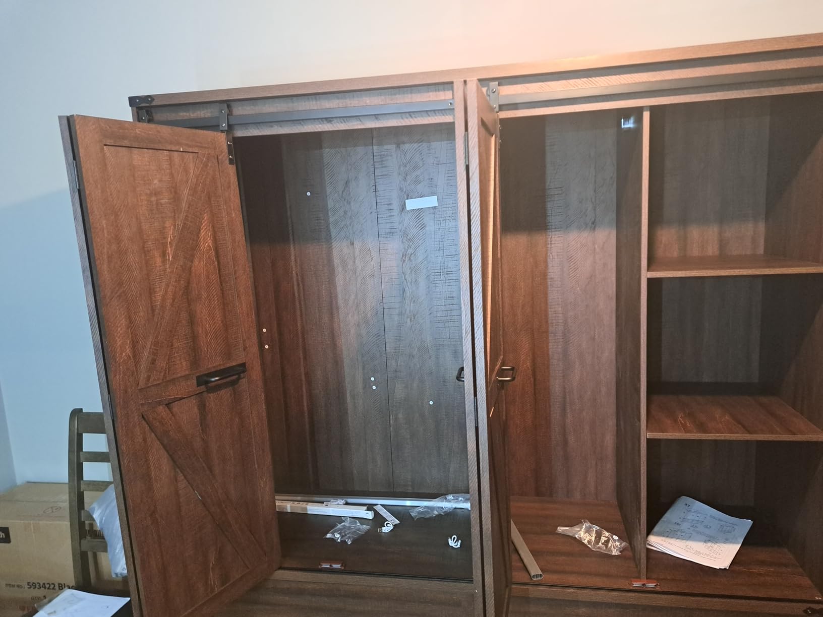Farmhouse 4 Doors Armoire Wardrobe Closet w/Folding Sliding Barn Door and Lights, LED Armoire Closet w/Drawers for Bedroom, Freestanding Wooden Wardrobe Storage Closets w/Hanging Rod, Antique White customer photo 1