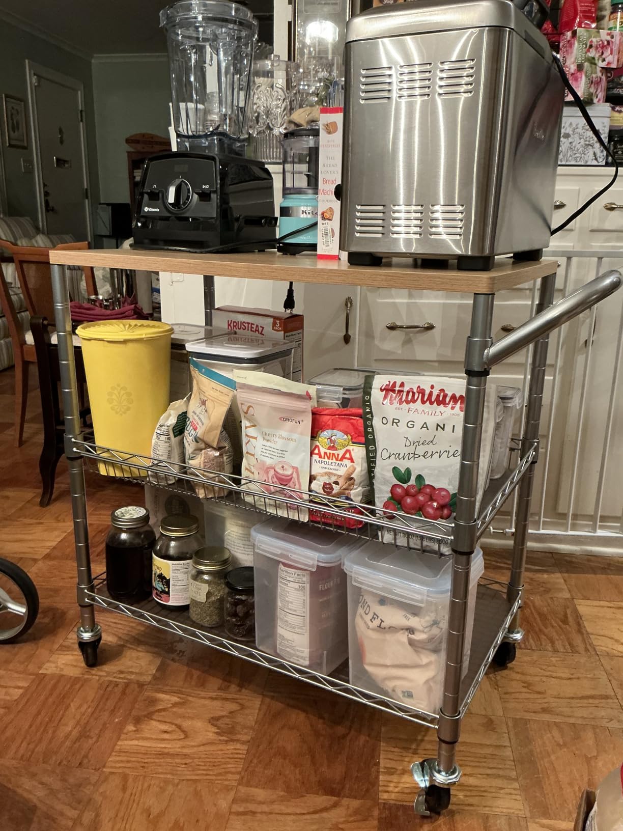 3 Tier Rolling Kitchen Carts on Wheels with Storage, 650Lbs Heavy Duty Utility Carts with Wheels, Kitchen Island with Wood Tabletop, Metal Serving Rolling Cart for Small Appliance Food Cart, Wood+Metal customer photo 2