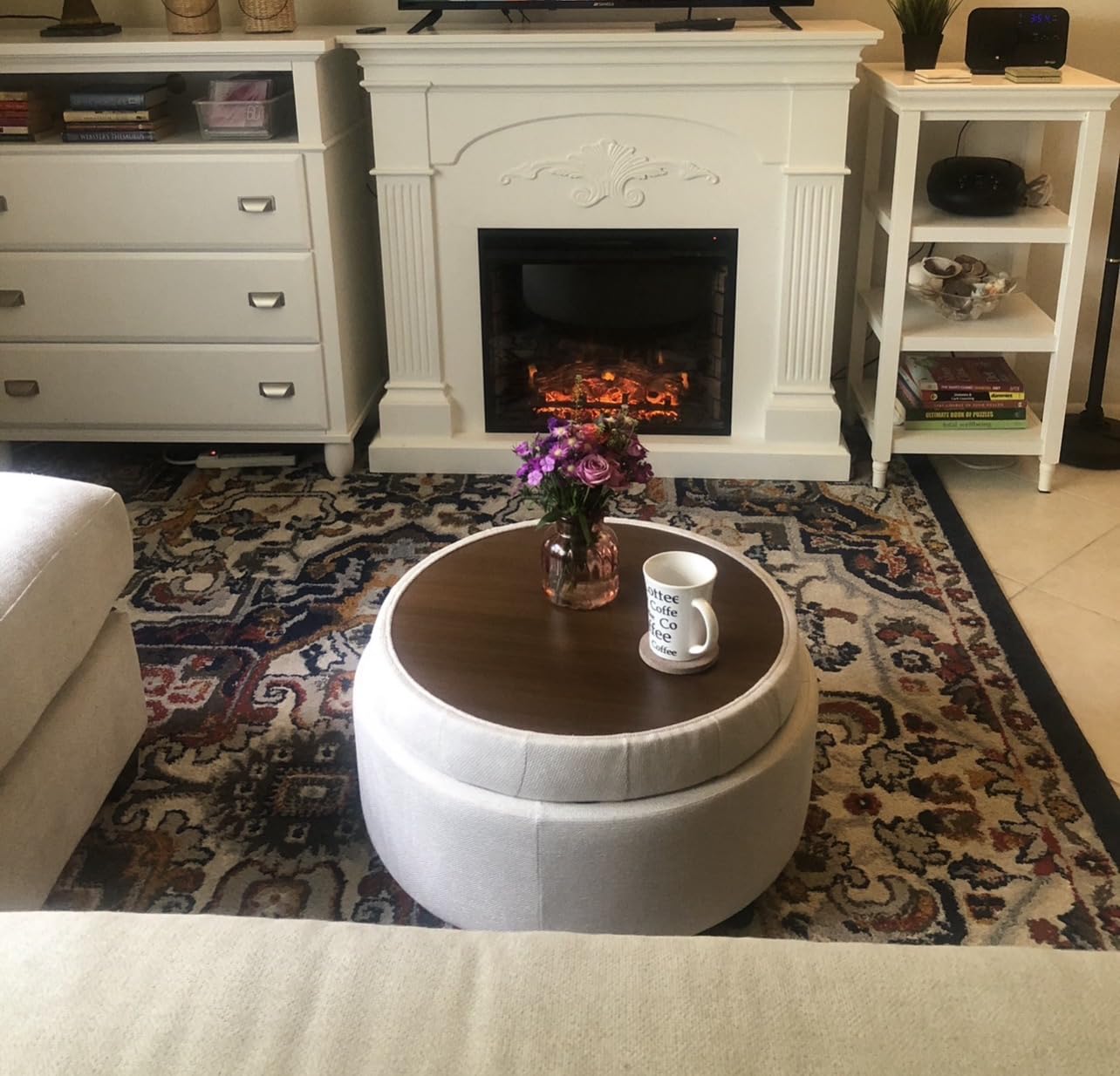 COLAMY Fabric Round Storage Ottoman with Reversible Tray Lid - Multi-Functional Footrest, Hidden Storage, Sturdy & Stylish Small Coffee Table for Living Room, Bedroom, or Entryway (Beige) customer photo 2