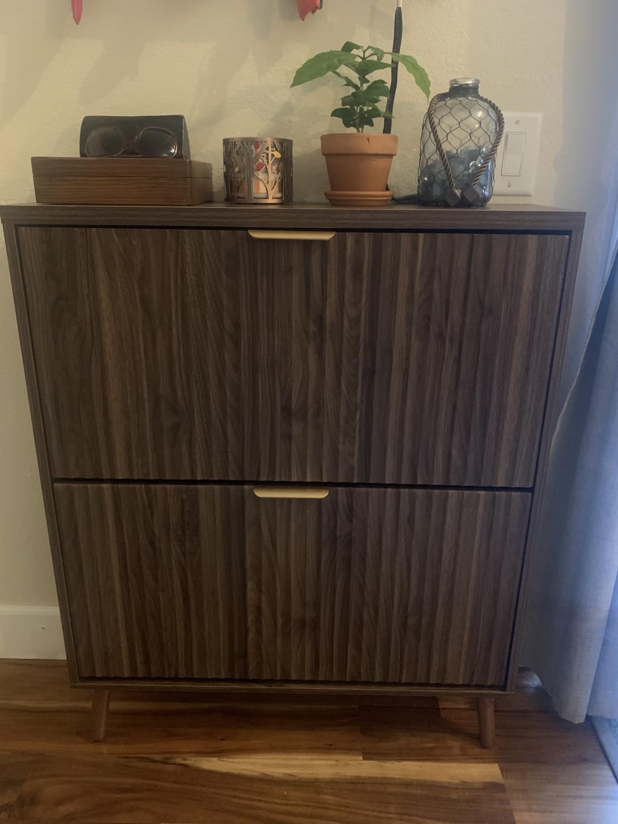 Shoe Cabinet Storage, Modern Freestanding Organizer with 2 Flip Drawers, Narrow Shoe Rack for Entryway, Walnut customer photo 1