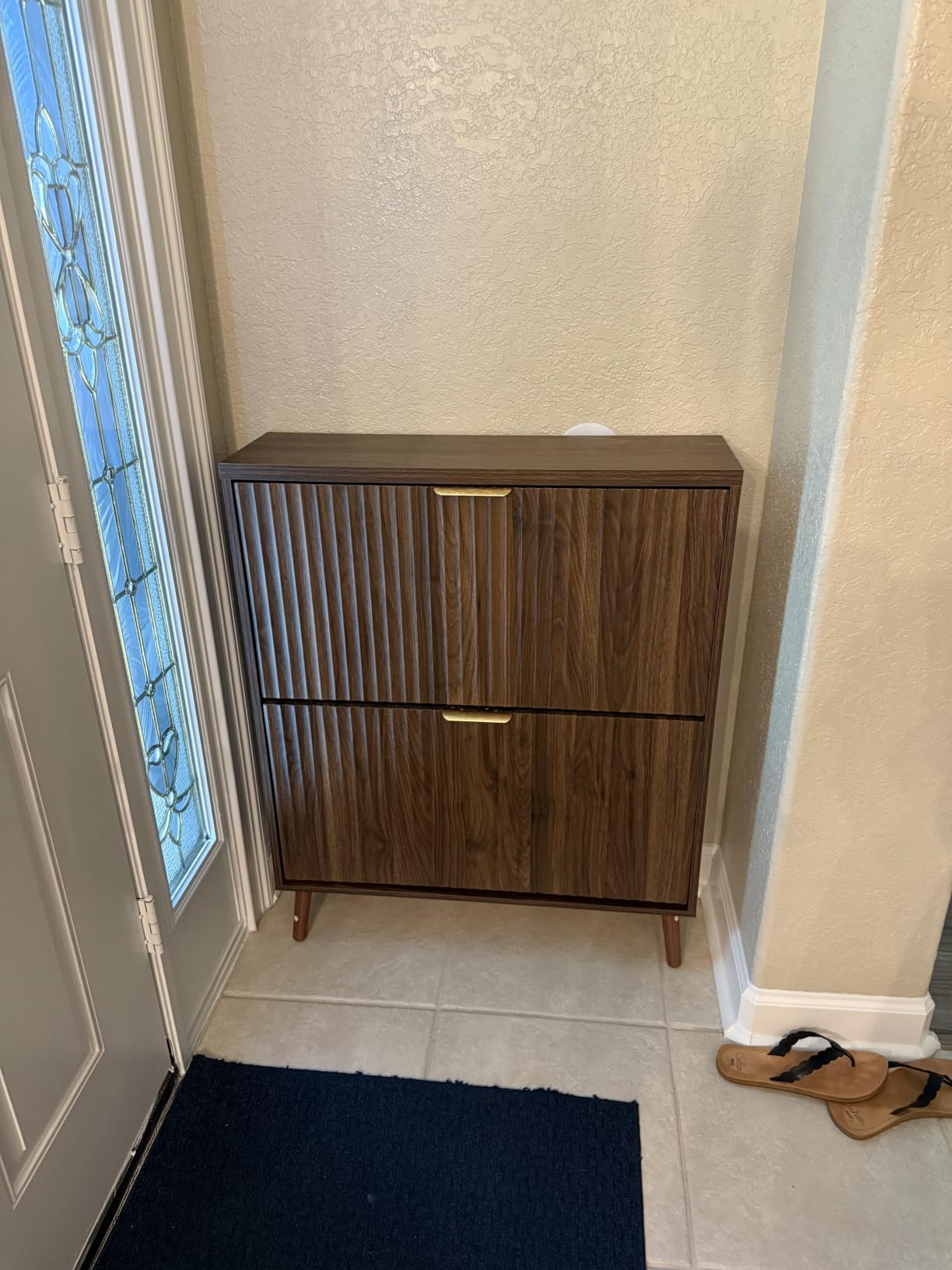 Shoe Cabinet Storage, Modern Freestanding Organizer with 2 Flip Drawers, Narrow Shoe Rack for Entryway, Walnut customer photo 2