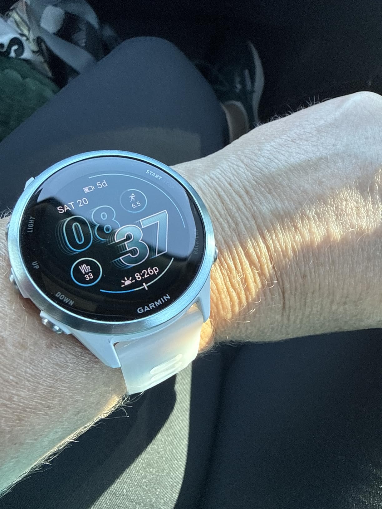 Garmin Forerunner 570, 42mm, Aluminum, Whitestone/Cloud Blue | Smaller-Sized Advanced GPS Running & Triathlon Smartwatch, AMOLED Display customer photo 1