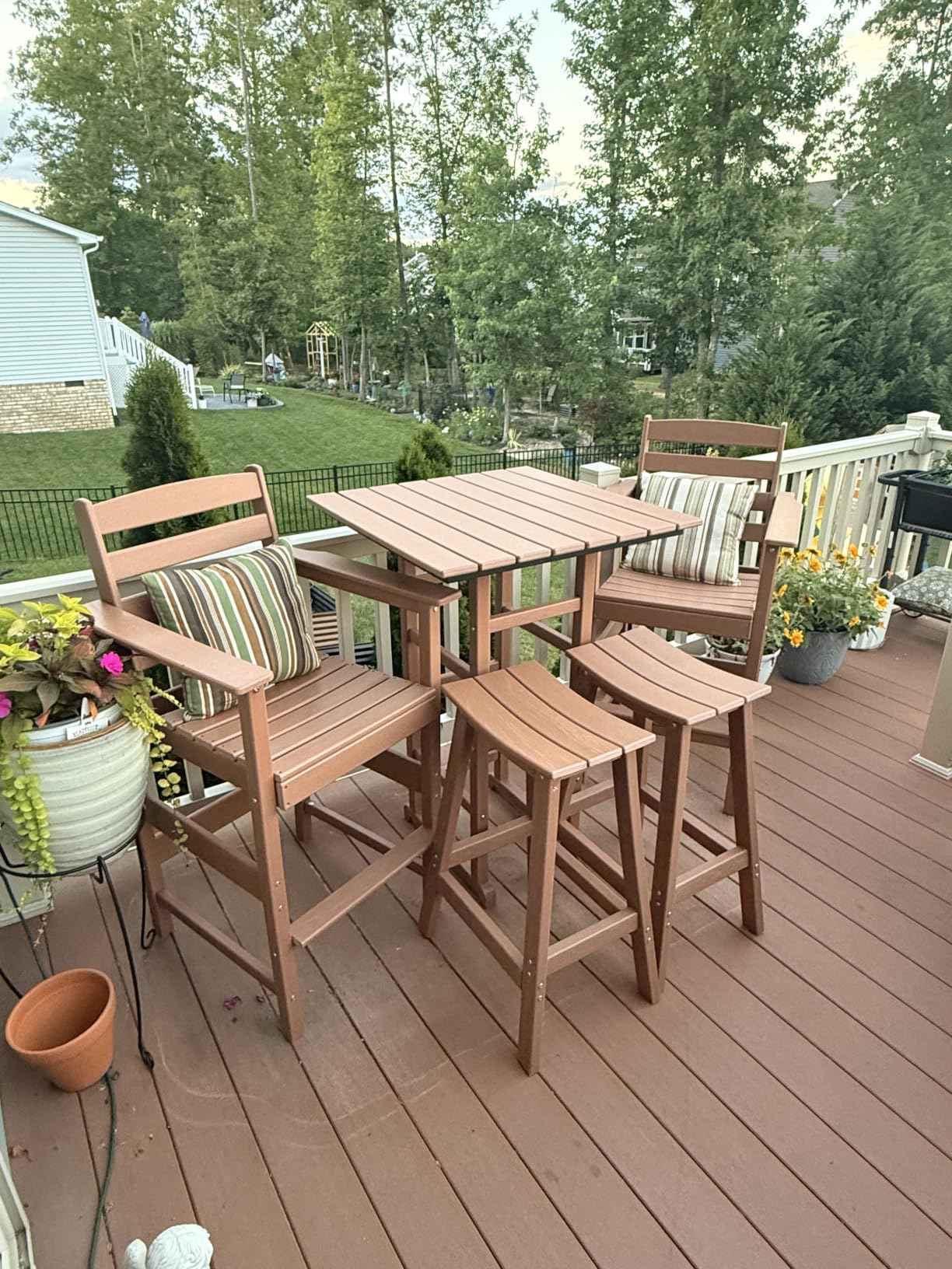 3 Piece HDPE Bar Height Chairs and Bar Table Set, Teak | Tall Bar Adirondack Chairs, All Weather Patio Bar Set, Outdoor Bar Stools Furniture Set, Easy to Assemble, Low Maintenance customer photo 1