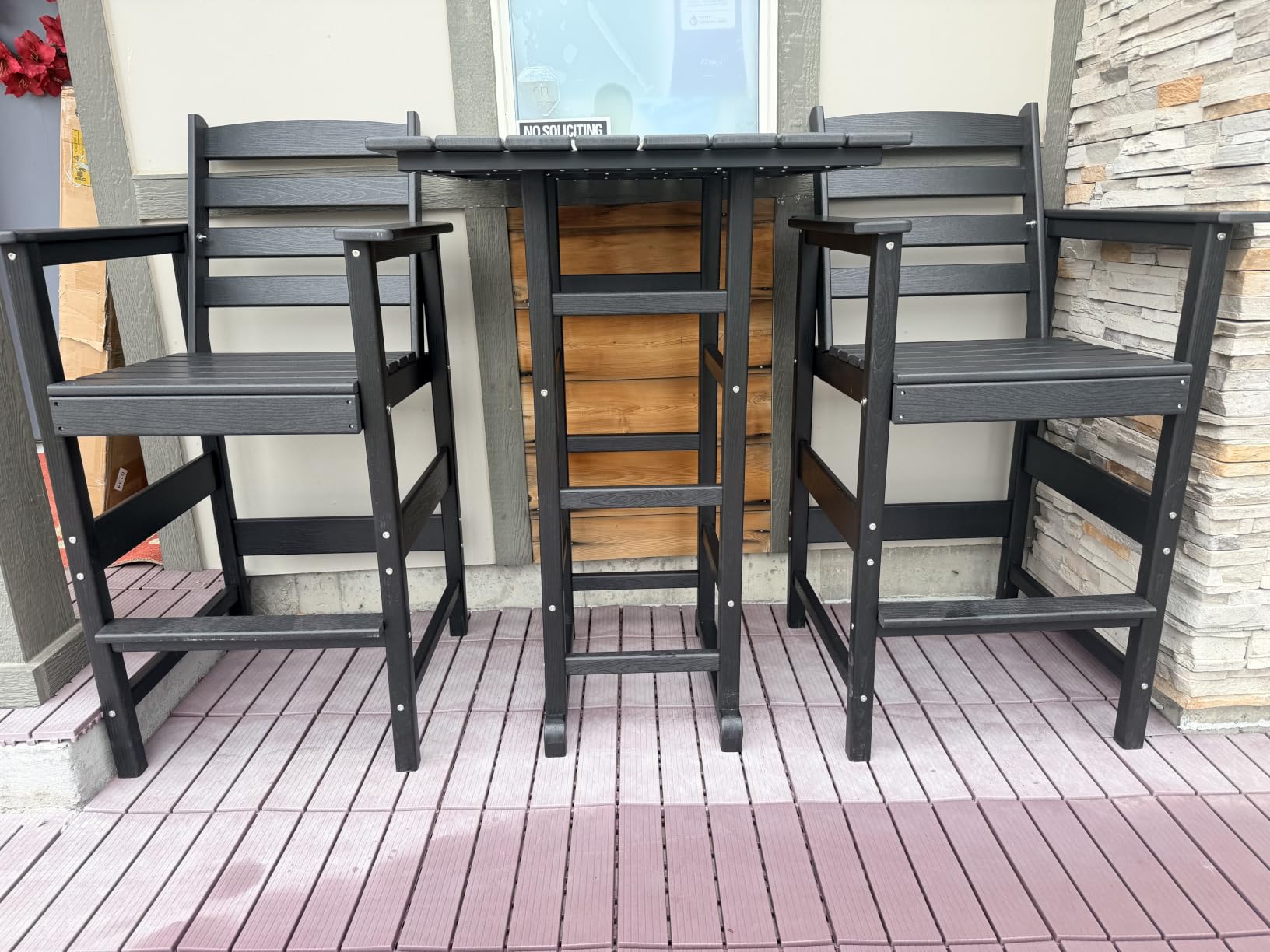 3 Piece HDPE Bar Height Chairs and Bar Table Set, Teak | Tall Bar Adirondack Chairs, All Weather Patio Bar Set, Outdoor Bar Stools Furniture Set, Easy to Assemble, Low Maintenance customer photo 2