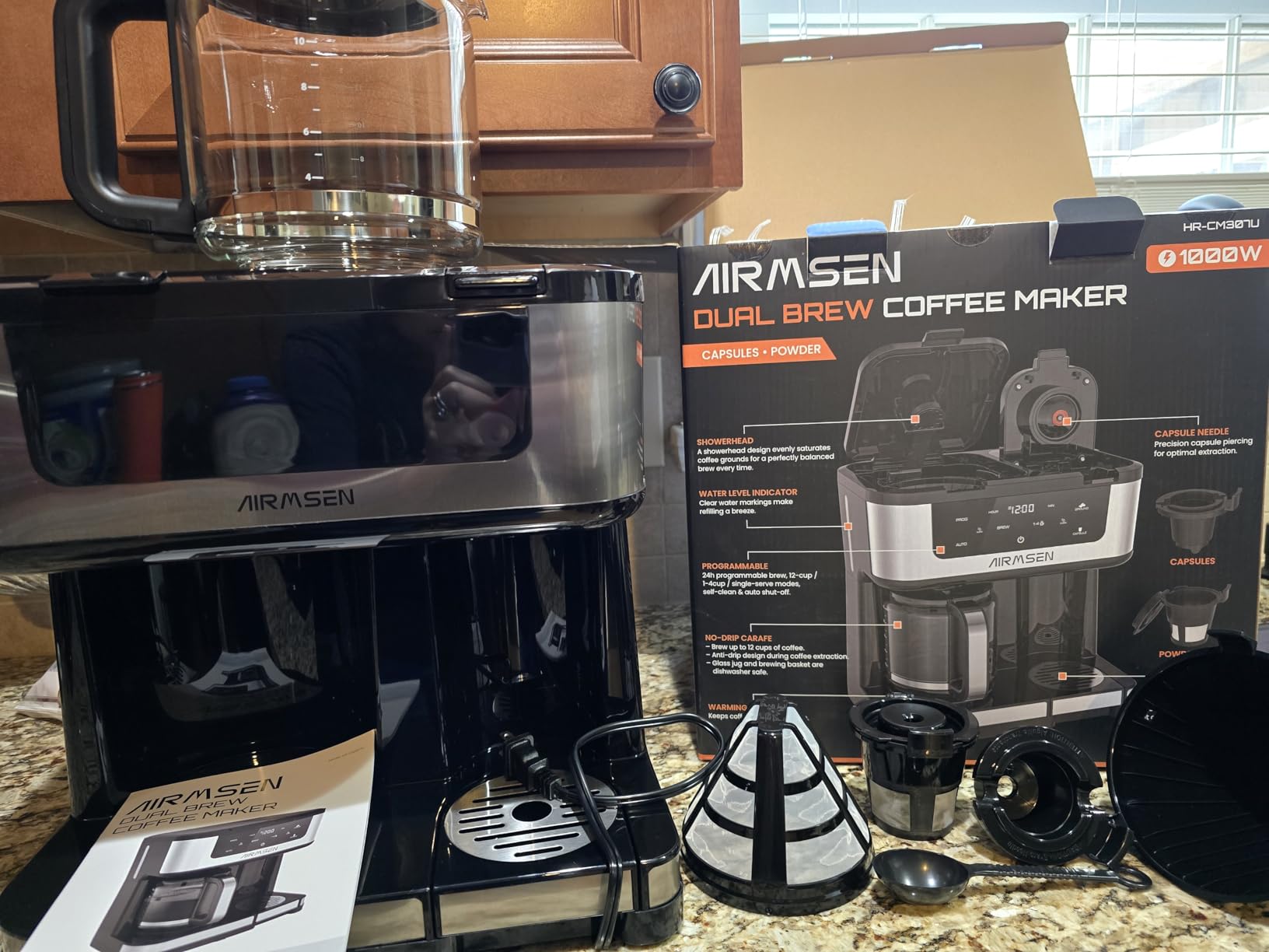 AIRMSEN 12-Cup Programmable Dual Coffee Maker - Single Serve Machine for K-Cup Pods & Ground, 1000W Fast Brew, Delay Start, 2H Keep Warm, Touchscreen, 60oz Tank, Glass Carafe customer photo 1