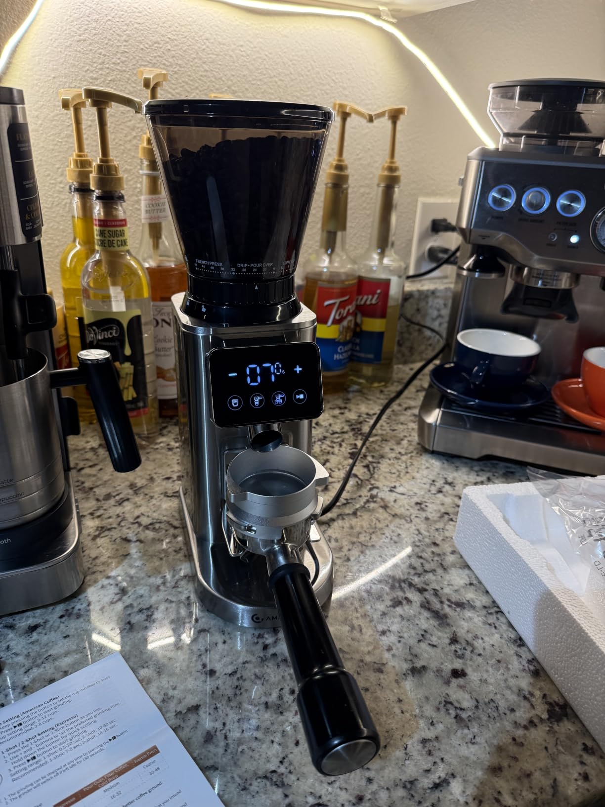 AMZCHEF Burr Coffee Grinder, 48 Settings, Less Static Mess, Metallic Silver | 40mm Burr, Low Retention, 0.5s LED Timer, Stainless Steel Body, Fit 51-54/58 Espresso Portafilter, Cleaning Brush Included customer photo 2
