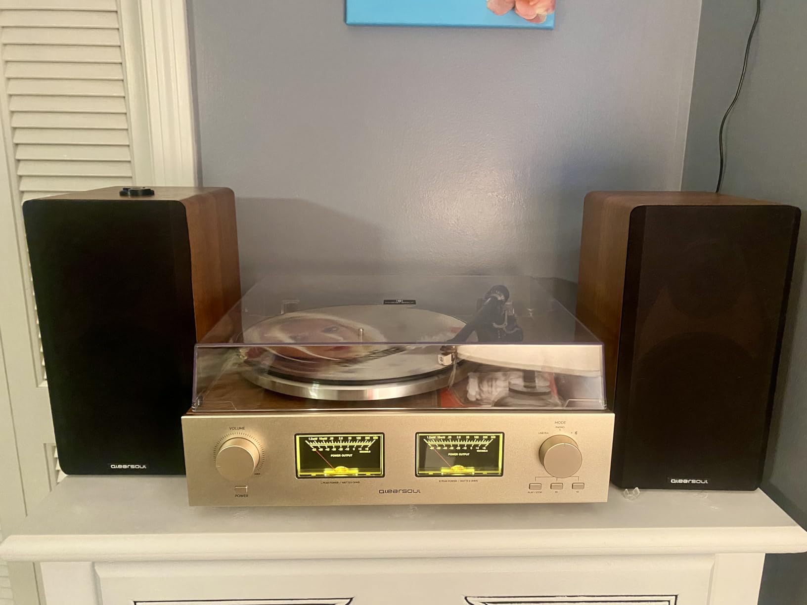 QLEARSOUL HiFire X Vinyl Record Player, Audiophile HiFi Turntables System with 100W Bookshelf Speakers, VU Meter, DSP Preamp, Support 33/45 RPM, RCA LINE in | Out customer photo 2