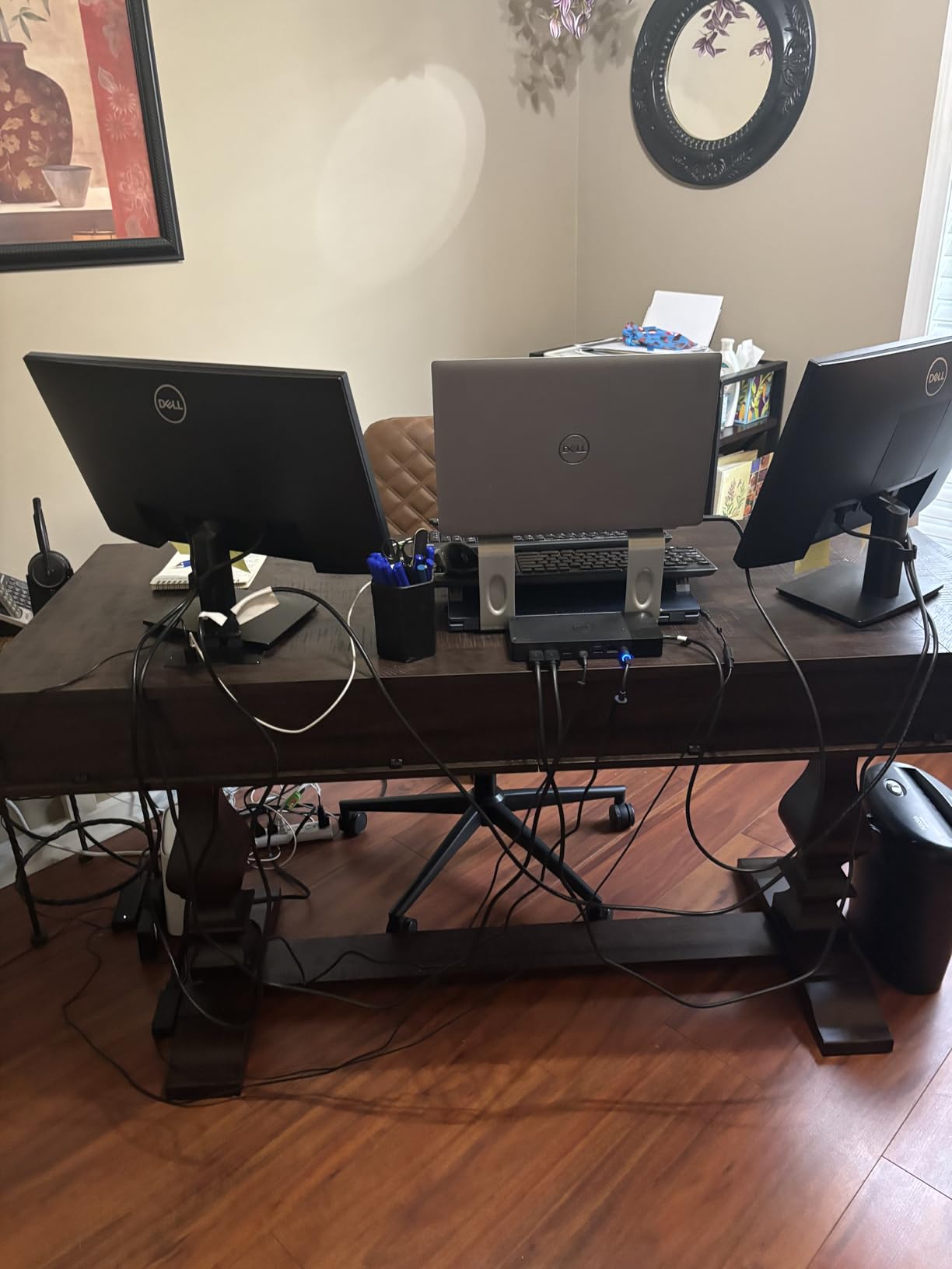 WAMPAT 60-inch Vintage Farmhouse Desk with Charging Station & 3 Deep Drawers, Solid Wood Double Pedestal Legs with T-Shaped Feet, Weathered Wood Textured Tabletop, Ergonomic Scalloped Edges customer photo 2