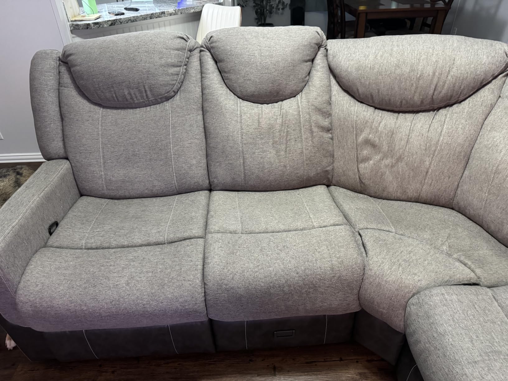 Dresegmt 4 Seat Manual Reclining Sofa, Flip Middle Backrest 2-in-1 Recliner Couch with Large Storage Drawer, USB Ports & Cup Holders, Grey Linen & Leather 4 Seater Recliner Sofa for Living Room customer photo 1