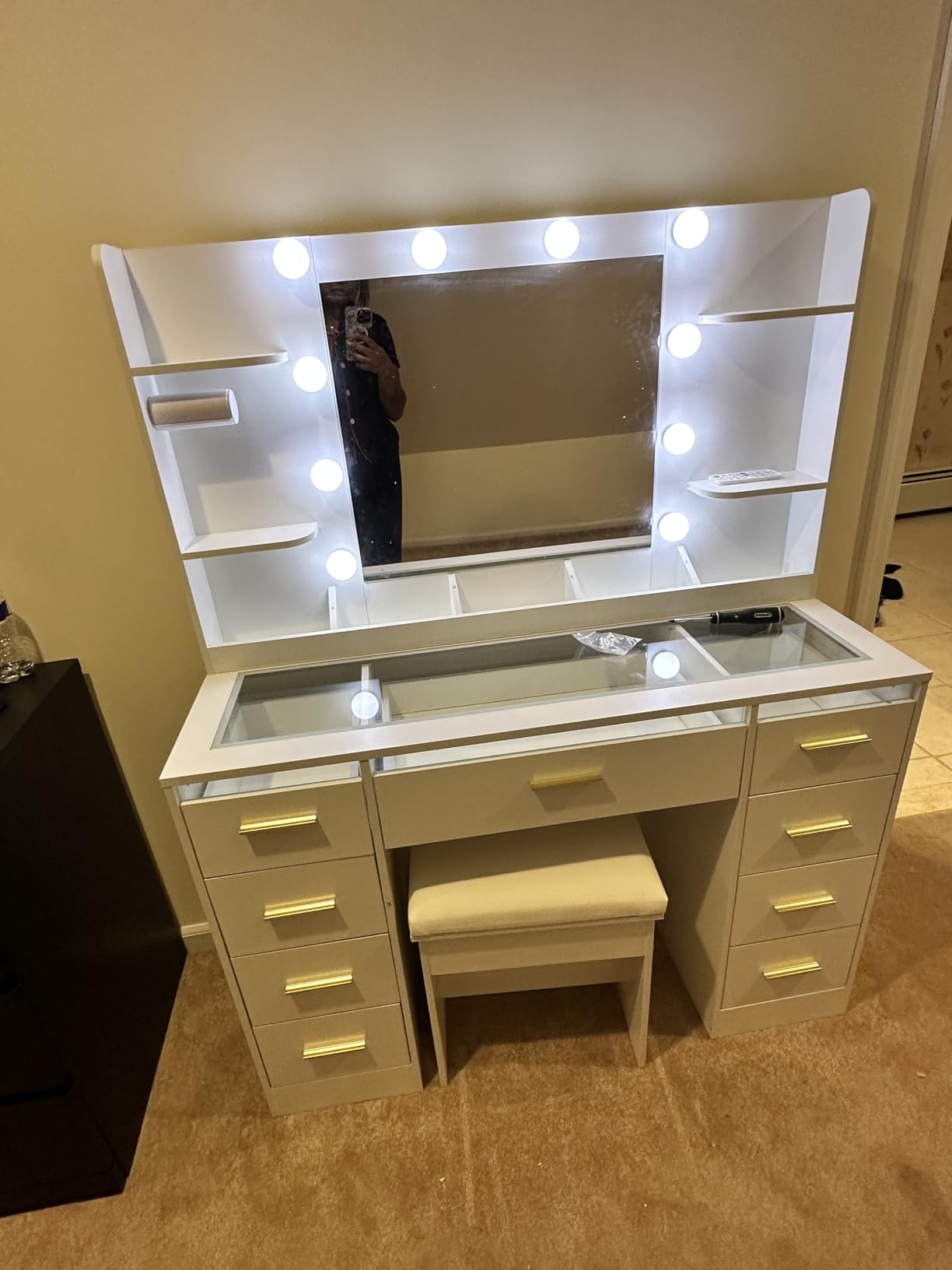 ANWBROAD Large Vanity Desk with Mirror and Lights & Transparent Glass Top | 3 Colors Makeup Vanity Table Set with 9 RGB Drawers, Power Outlet, White Vanity Stool and 4 Shelves for Bedroom Women UBDT94W customer photo 2
