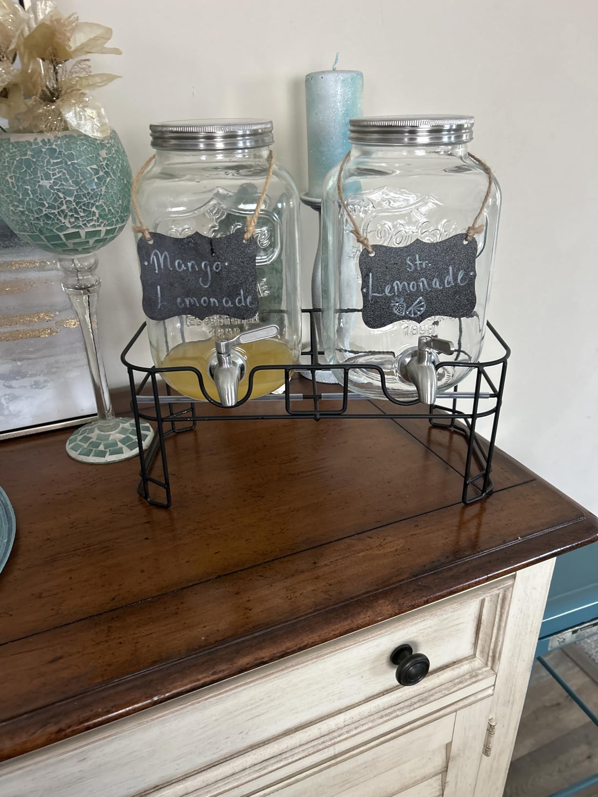 KIKCOIN 1 Gallon Glass Drink Dispensers for Parties, 2 Pack Leakproof Beverage Dispenser with Stand & 18/10 Stainless Steel Spigot & Filter -for Lemonade, Juice, Sun Tea, Punch- ALL DISHWASHER SAFE customer photo 1