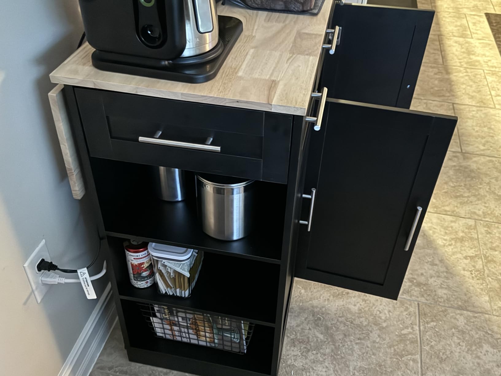 Dripex 53'' Rolling Kitchen Island with Power Outlet, Drop Leaf & Trash Can Storage, Large Island Cart on Wheels with Rubberwood Top, 4 Drawers, Open Shelves, for Kitchen, Dining Room (White) customer photo 2
