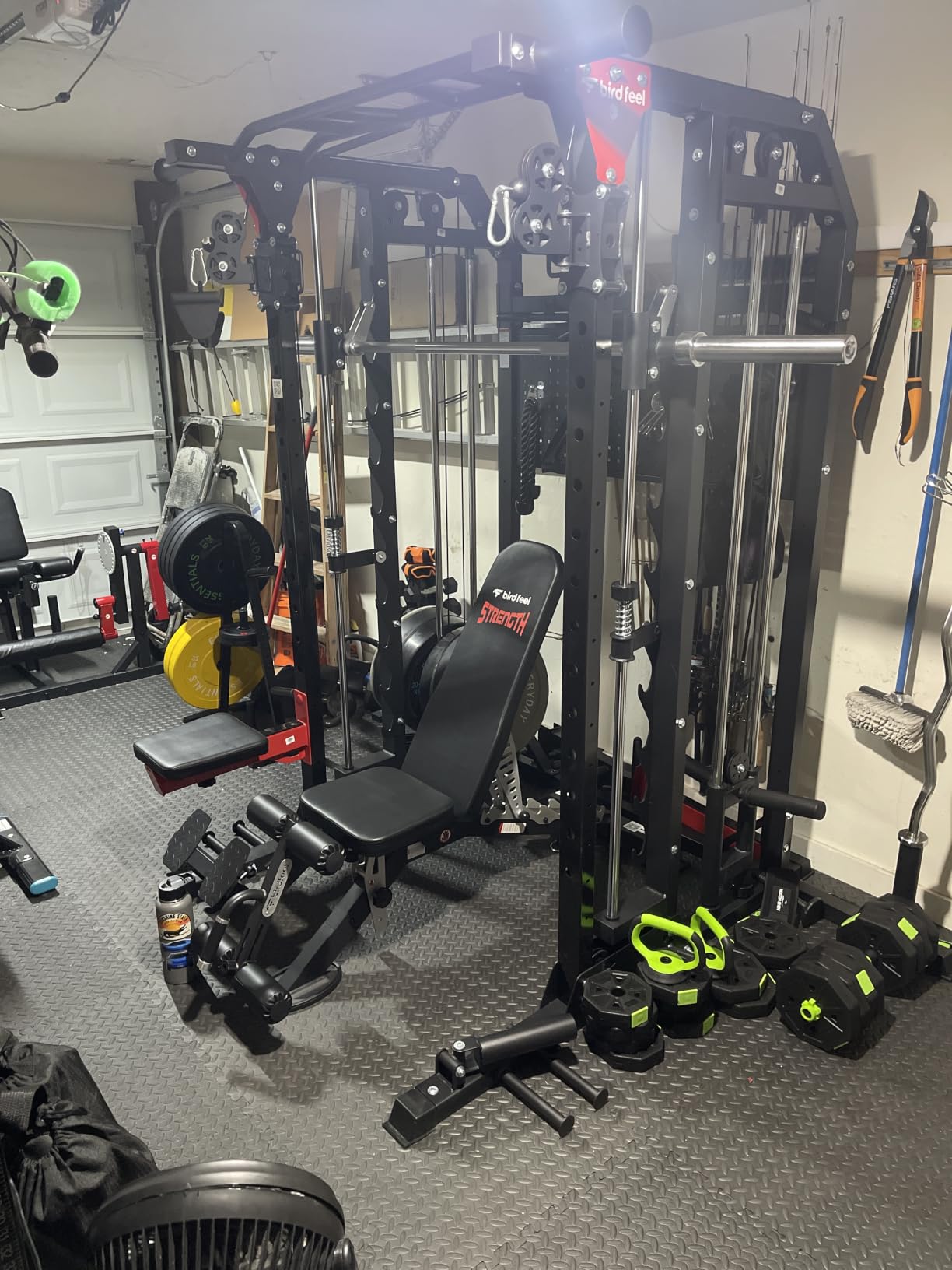 Multi-Function 2000LB Smith Machine Power Cage, Home Gym Squat Rack Featuring LAT Pulldown, Dual Pulley Cable Crossover, Gym-Quality Power Rack with Strength Training Attachments, Pegboard customer photo 1