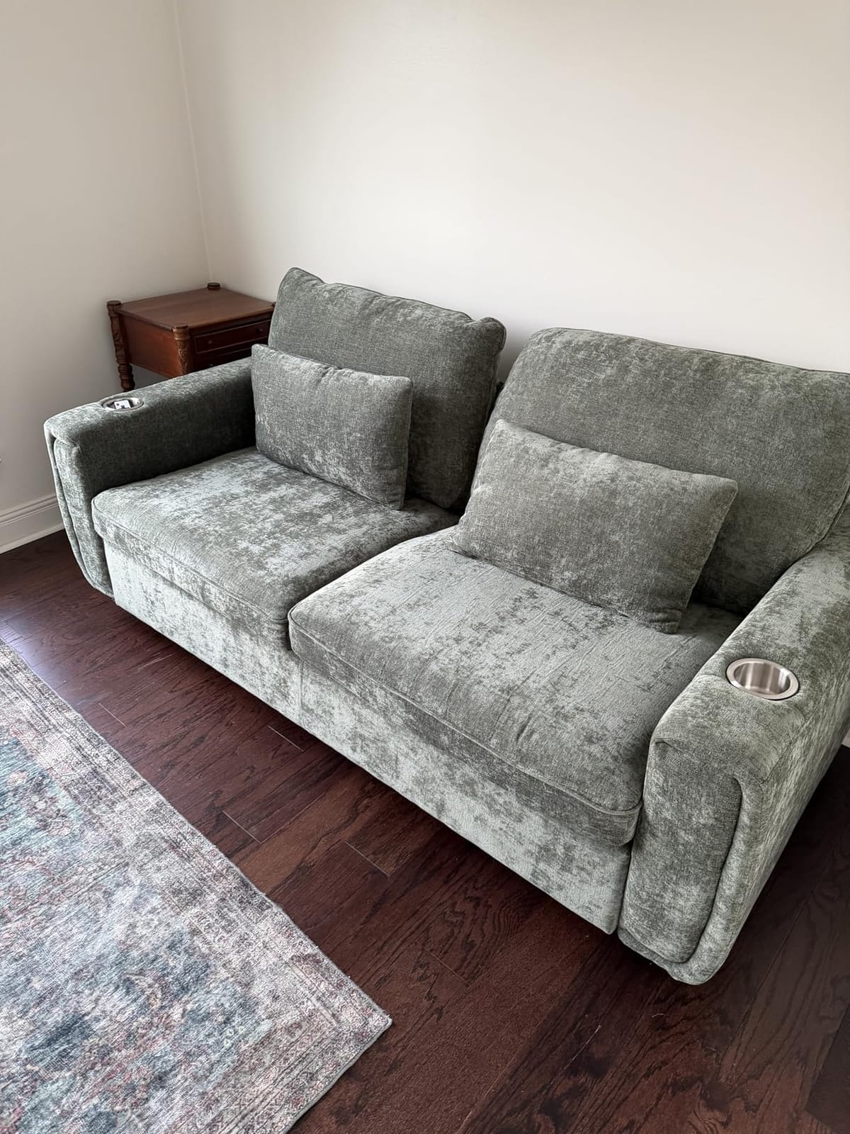 Pull Out Sofa Bed, No Cushion Removal, Queen Sleeper Sofa with USB Fast Charging, Memory Form Mattress, 2-in-1 Convertible Comfy Loveseat Couch Bed for RV, Apartment, and Small Spaces (Green) customer photo 2