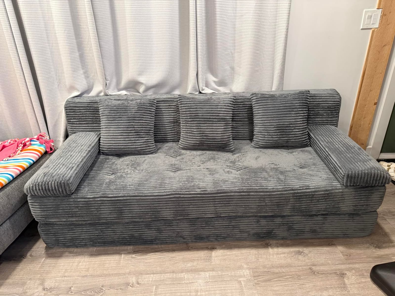 78.7IN Convertible Folding Sofa Bed, 3 Seater Sleeper Sofa Couch | No Assembly Required, Corduroy, Freestanding, Couches Bed with Zippered Pillows for Living Room, Bedroom, Apartment, Gray customer photo 2