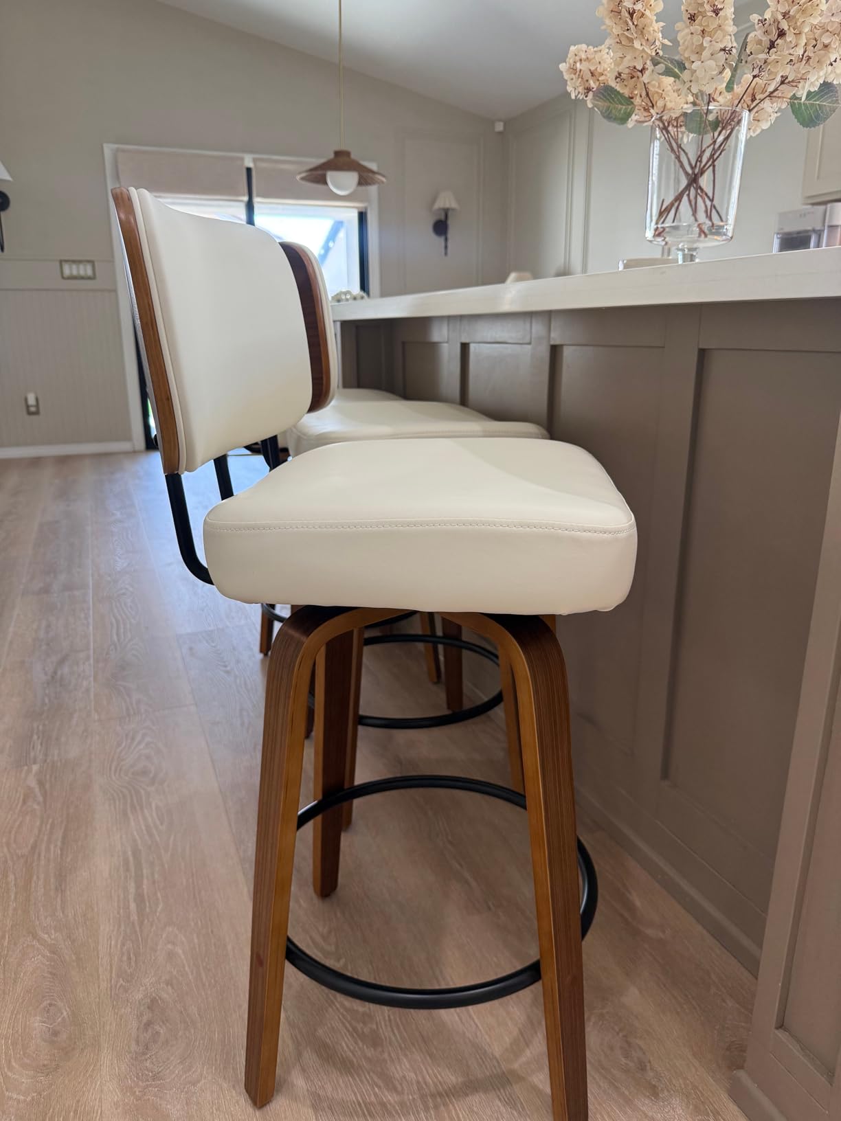Counter Height Bar Stools Set of 4, 26+inch Swivel Faux Leather Barstool with Back, Upholstered Mid-Century Modern Bar Chairs with Bent Wood Legs for Kitchen Counter, Dining Room, Cream White customer photo 1