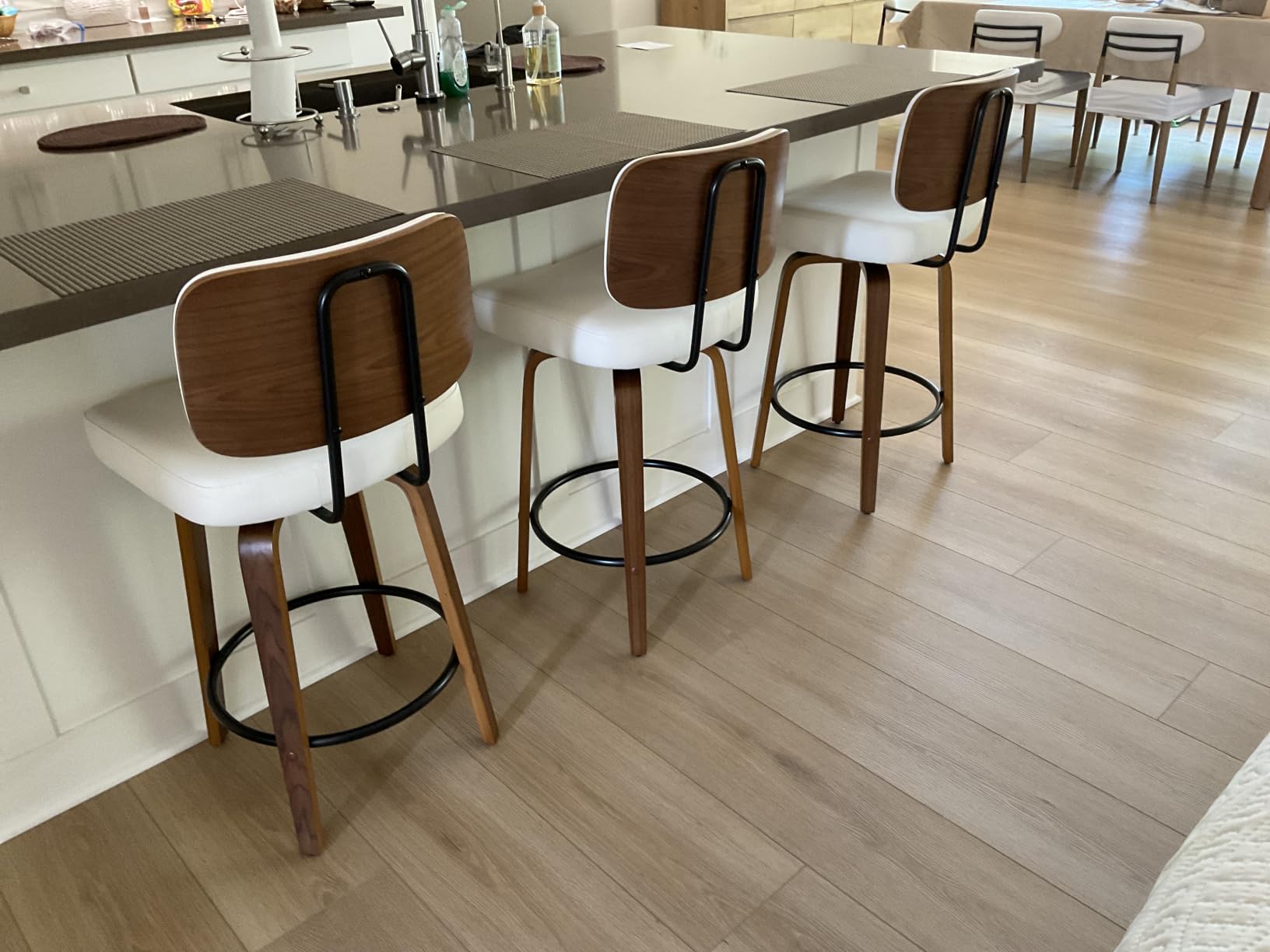 Counter Height Bar Stools Set of 4, 26+inch Swivel Faux Leather Barstool with Back, Upholstered Mid-Century Modern Bar Chairs with Bent Wood Legs for Kitchen Counter, Dining Room, Cream White customer photo 2