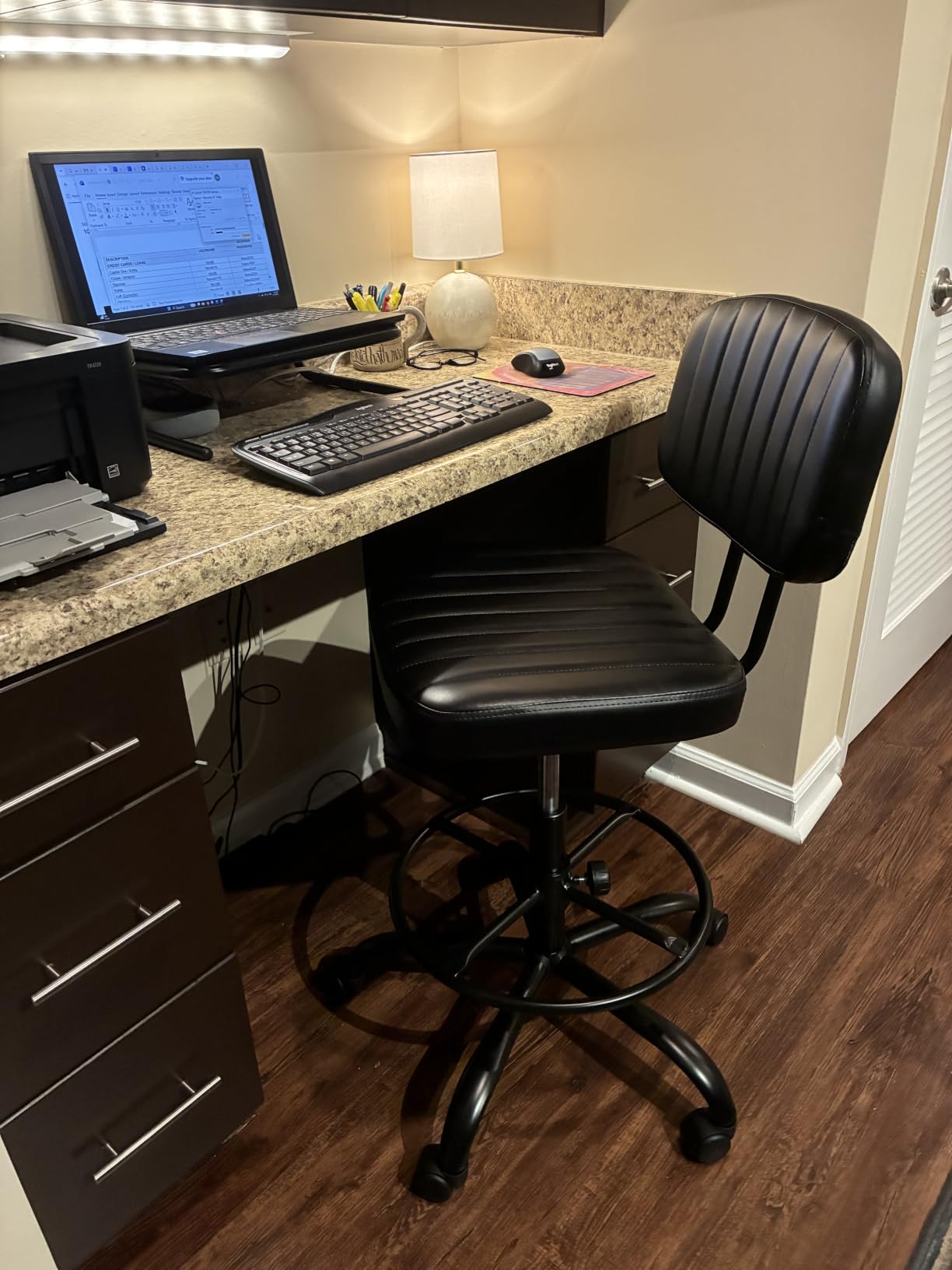 DUMOS Armless Drafting Chair, Standing Desk Chair, Rolling Stool | Ergonomic Low Back Office Seat, Height Adjustable with Footrest Ring, PU Leather, Swivel Wheels, Studio Lab Counter, Black customer photo 2