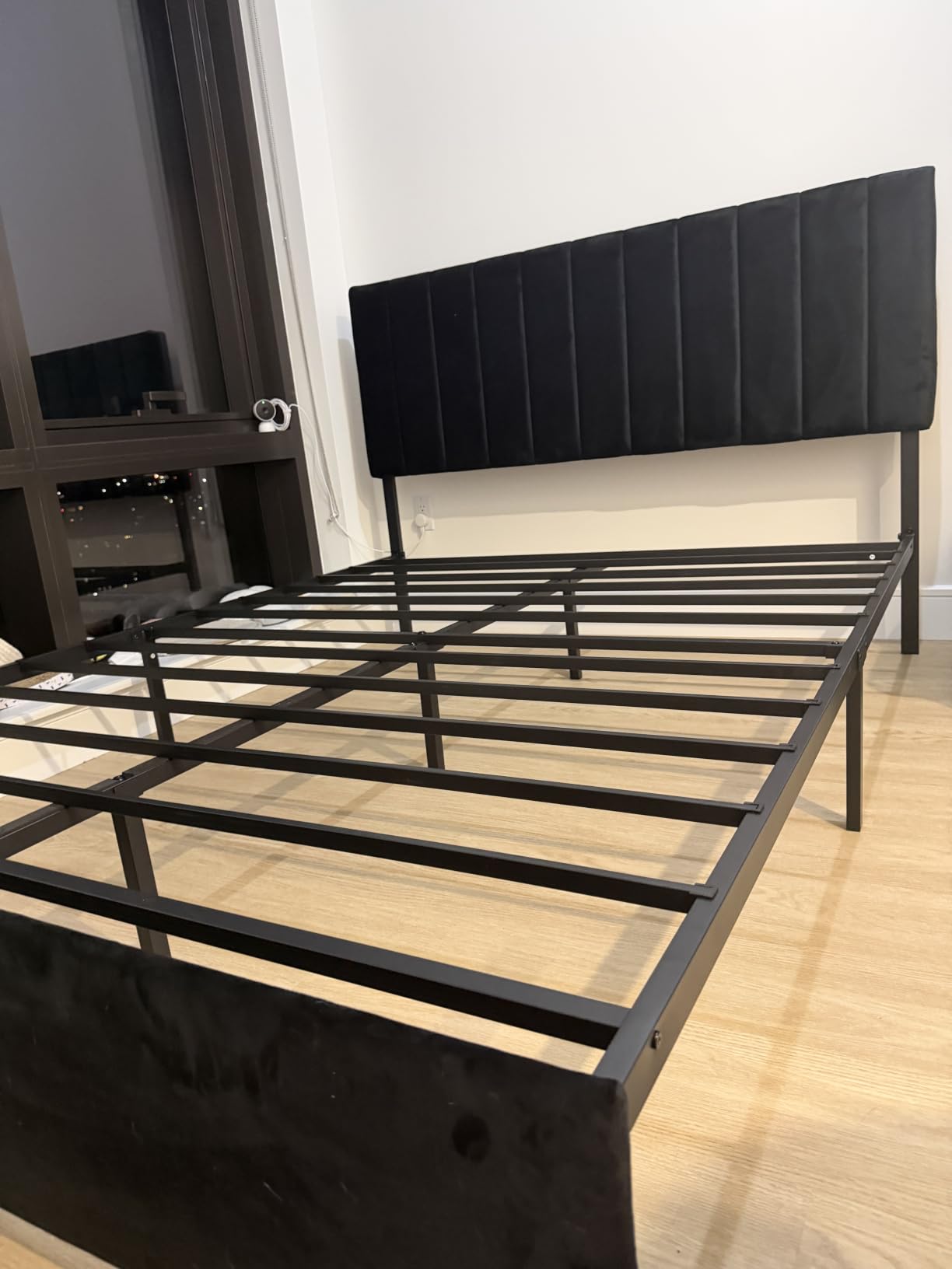 Welzona Queen Upholstered Bed Frame with Headboard, Velvet Upholstered Metal Platform Bed with Vertical Channel Tufted Headboard, 3-Level Height, Metal Slat Support, Noise-Free Easy Assembly, White customer photo 1