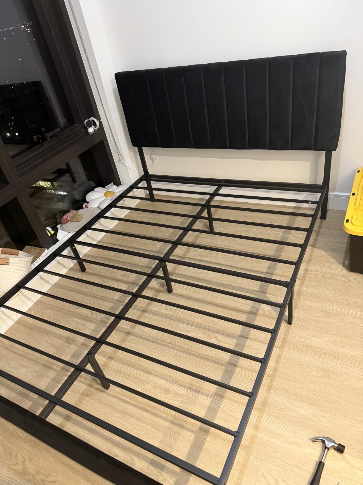 Welzona Queen Upholstered Bed Frame with Headboard, Velvet Upholstered Metal Platform Bed with Vertical Channel Tufted Headboard, 3-Level Height, Metal Slat Support, Noise-Free Easy Assembly, White customer photo 2