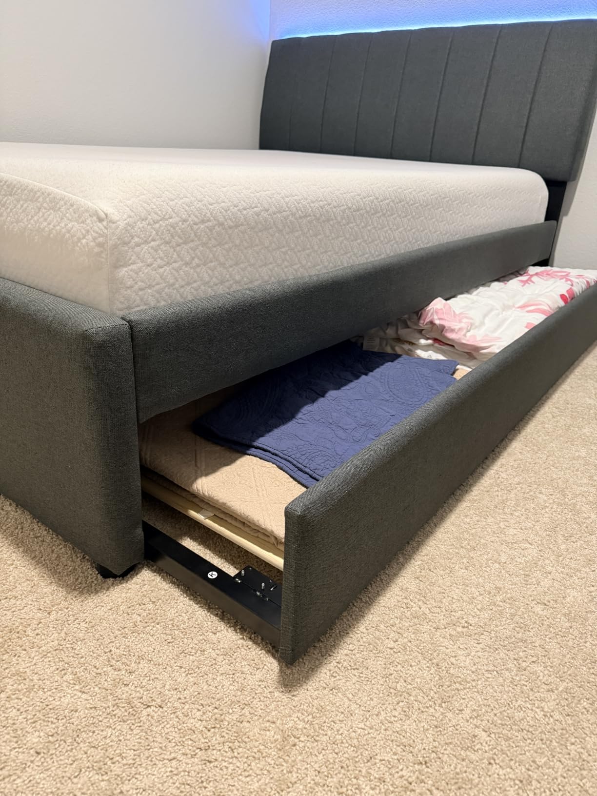 Full Size Upholstered Platform Bed with Pull-Out Trundle Bed | Twin Size Trundle, LED Lighting Controlled by APP, USB+Type-C Charging Ports, Linen Upholstered Bed Frame, Dark Grey customer photo 1