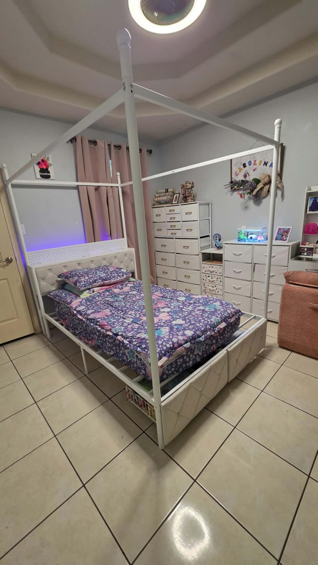 Queen Size Canopy Bed Frame with Charging Station and LED Lights | Button Tufted Storage Headboard, 2 Underbed Drawers, Metal Platform Bed & 4 Removable Posts, Metal Slats, No Box Spring Needed customer photo 1