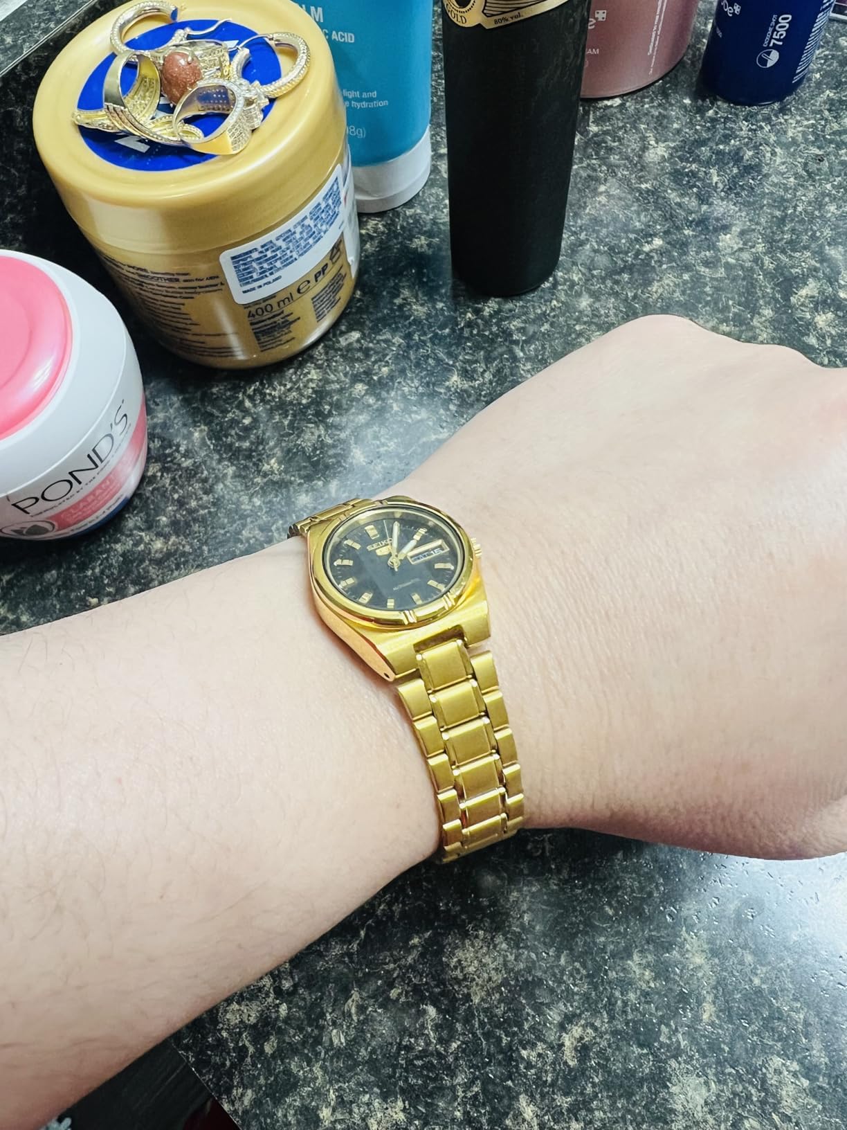 Seiko Women's SYM602 Seiko 5 Automatic Black Dial Gold-Tone Stainless Steel Watch customer photo 1
