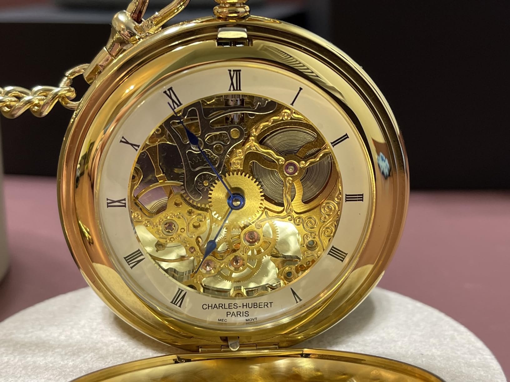 Charles-Hubert, Paris 3904-G Premium Collection Gold-Plated Stainless Steel Polished Finish Double Hunter Case Mechanical Pocket Watch customer photo 2