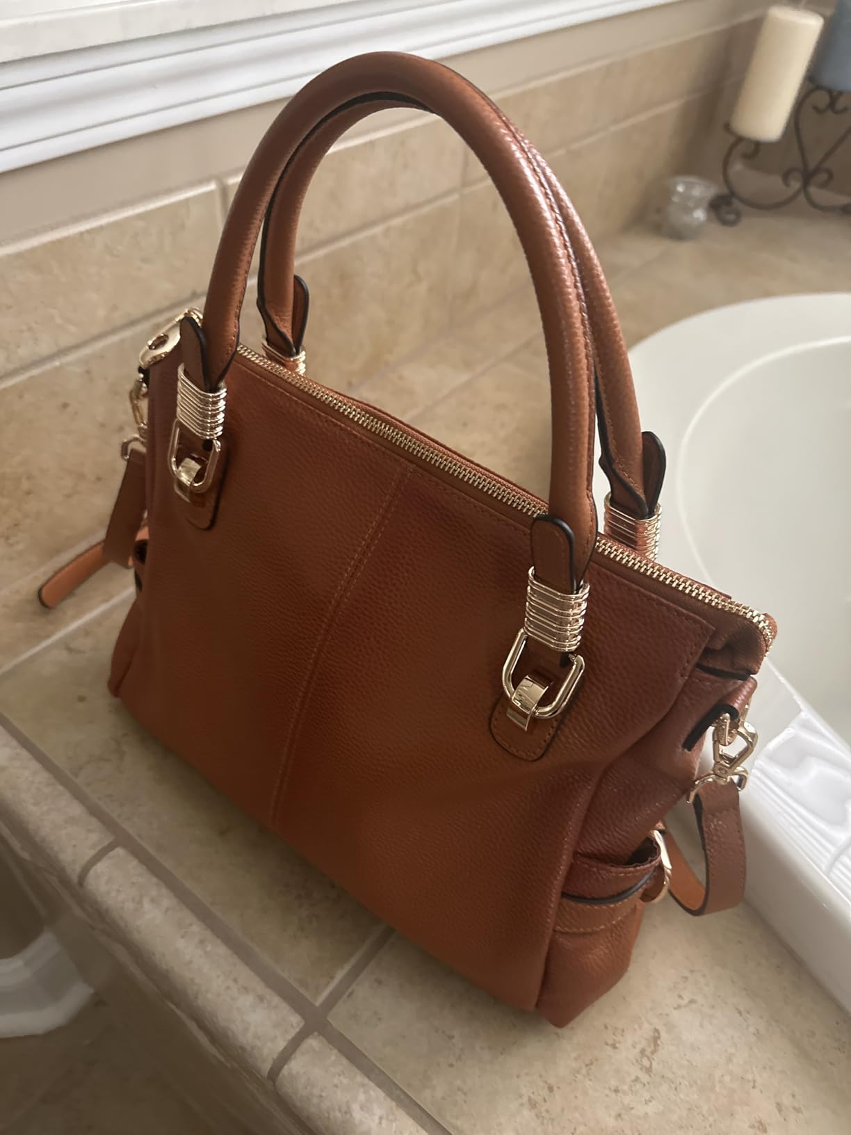 Kattee Women's Leather Purses and Handbags Satchel Tote Shoulder Bag | Top grain pebbled cowhide leather purses with protective feet, and a detachable strap for work, business, and travel. customer photo 1