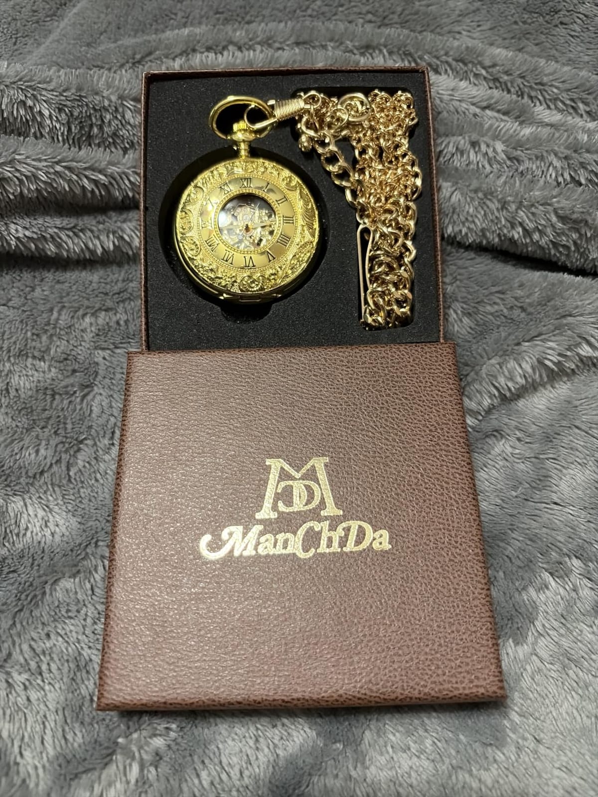ManChDa Mechanical Roman Numerals Dial Skeleton Pocket Watches with Box and Chains for Mens Women customer photo 1