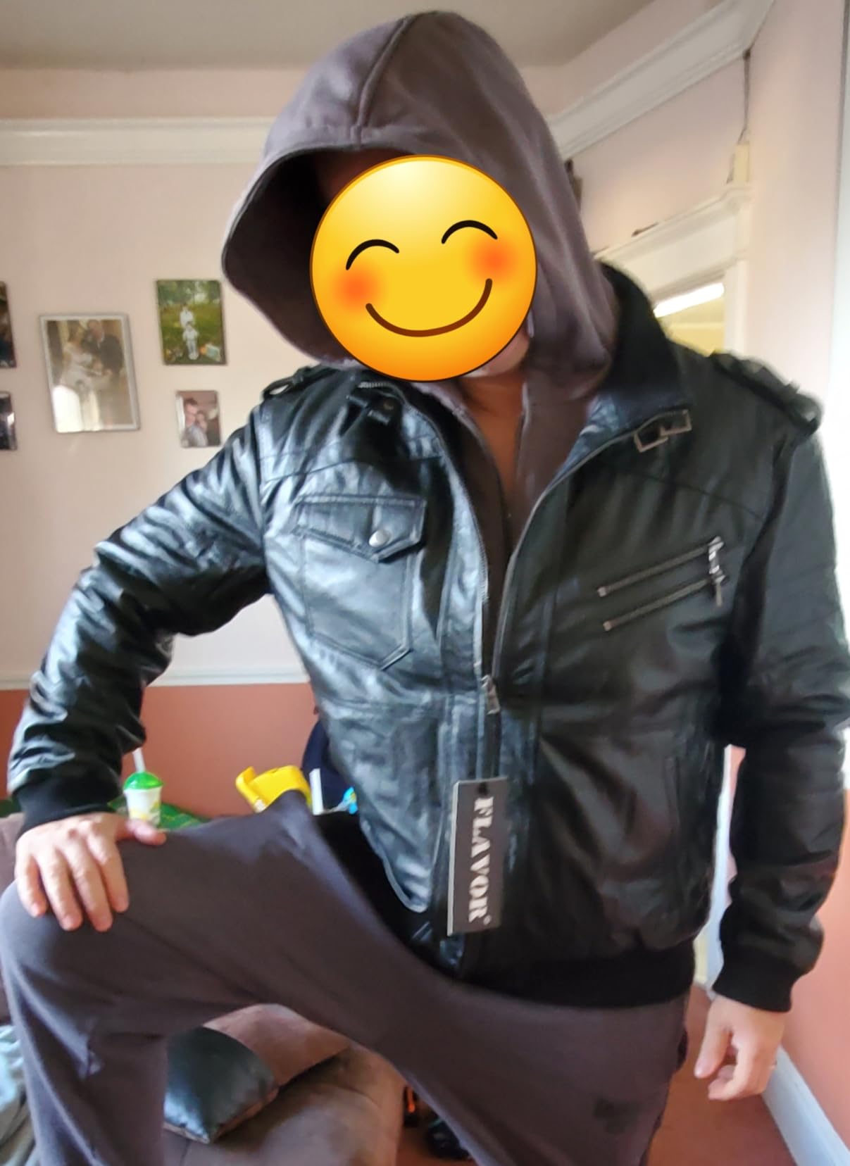 FLAVOR Men Brown Leather Motorcycle Jacket with Removable Hood customer photo 1