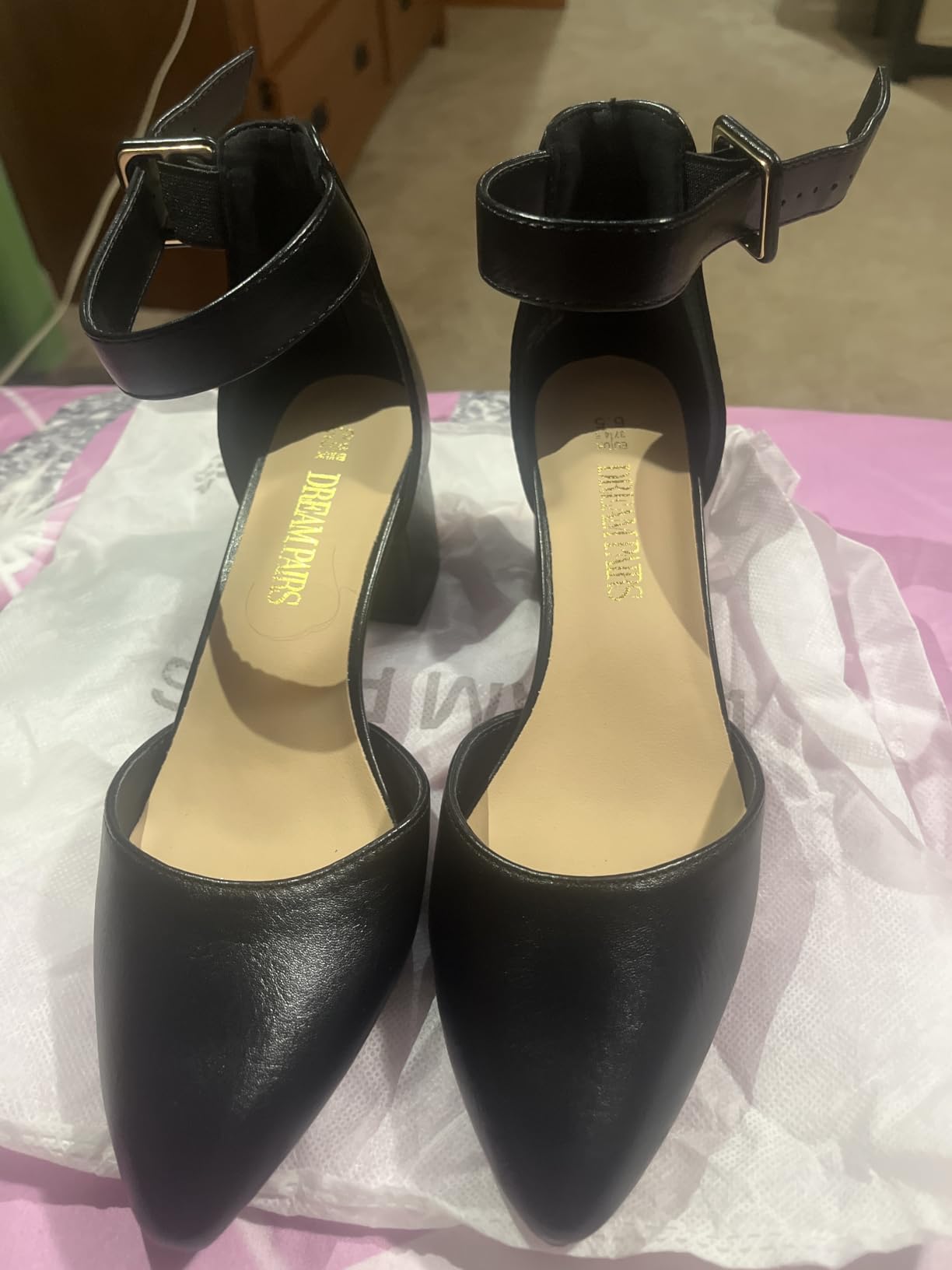 DREAM PAIRS ANNEE Pointed Toe Low Chunky Heel Pumps | Women's Closed Toe Low Block Heel Ankle Strap Pumps Dress Shoes Wedding Office Work Party customer photo 1