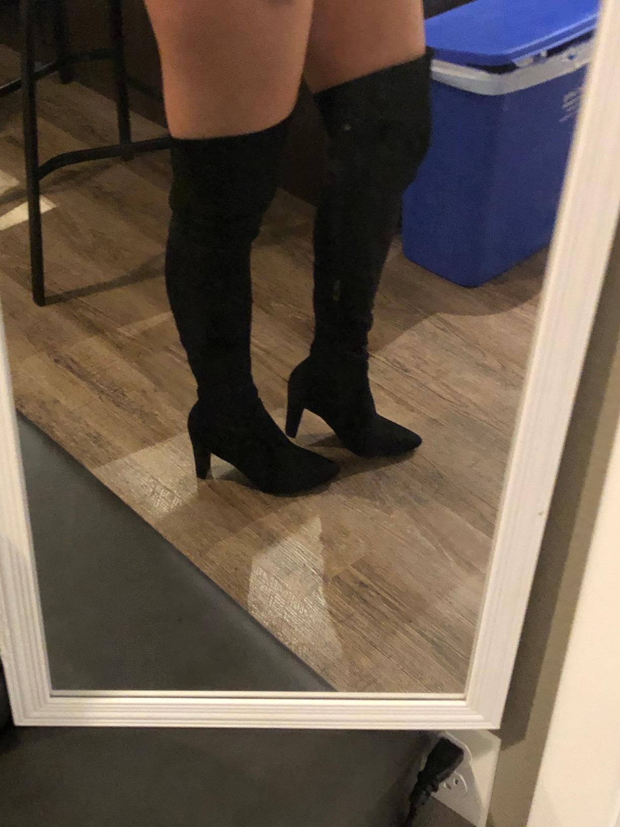 Shoe'N Tale Women Stretch Suede Chunky Heel Over The Knee Boots Thigh High for Women customer photo 2