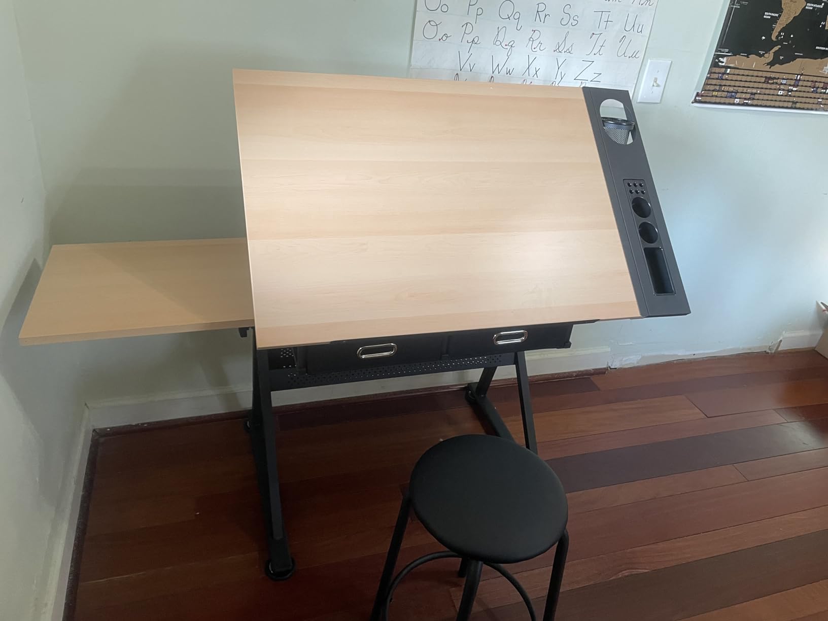 Drafting Table Drawing Desk Art&Craft Work Station Height Adjustable Tilting Tabletop Craft Table Desk w/Stool and 2 Storage Drawers for Home Office Study Room, Natural customer photo 2