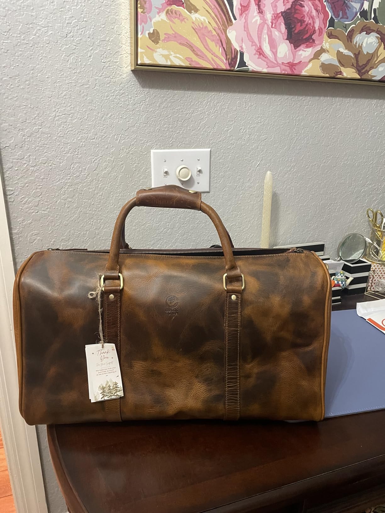 Men's Leather Travel Bag - Weekender Sports Travel Shoulder Bags Aeroplane Hand Luggage Men Duffle Bag (Large), Mulberry, L, leather duffel bag customer photo 2