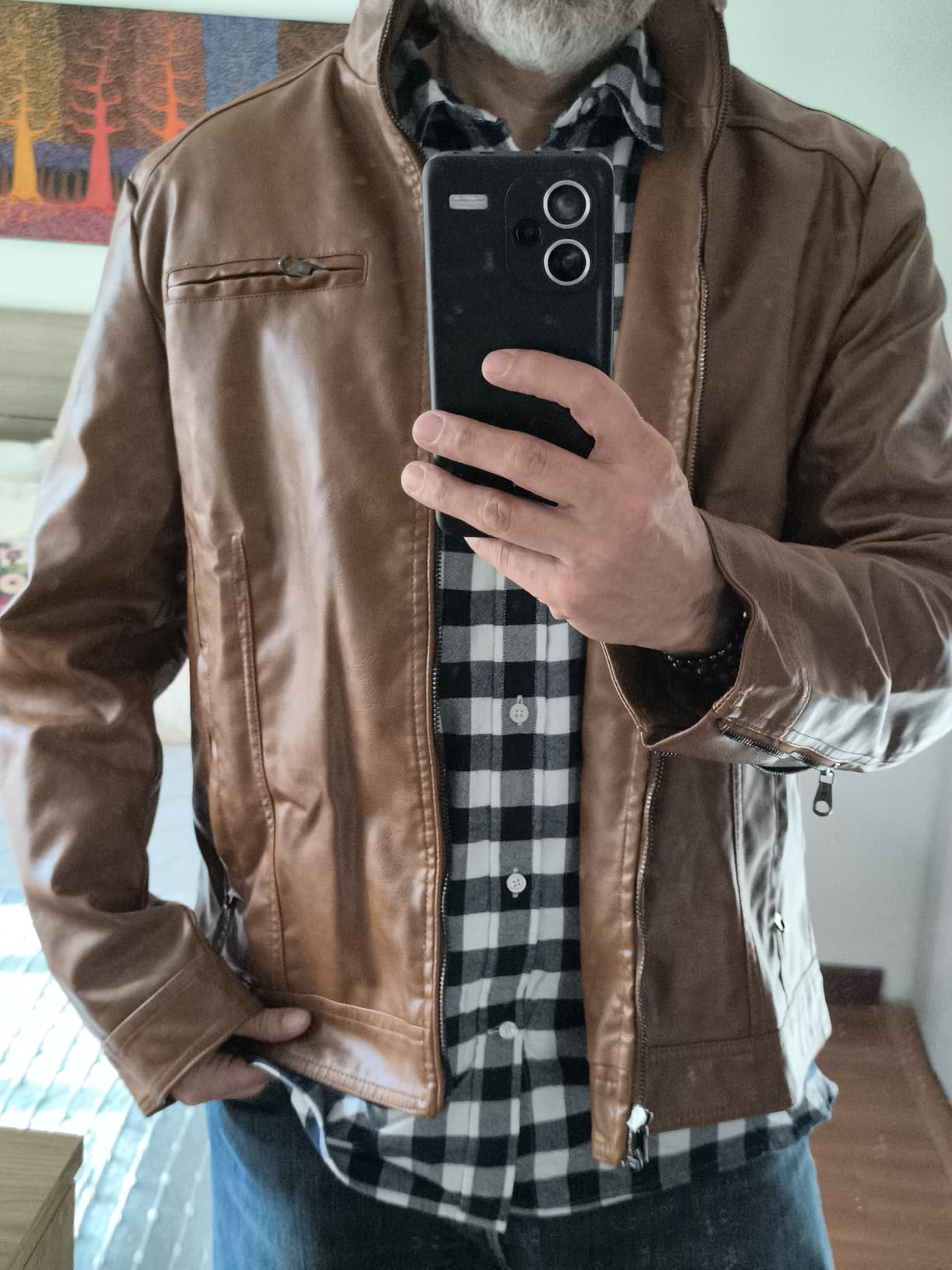 WULFUL Men's Stand Collar Leather Jacket Motorcycle Lightweight Faux Leather Outwear customer photo 2