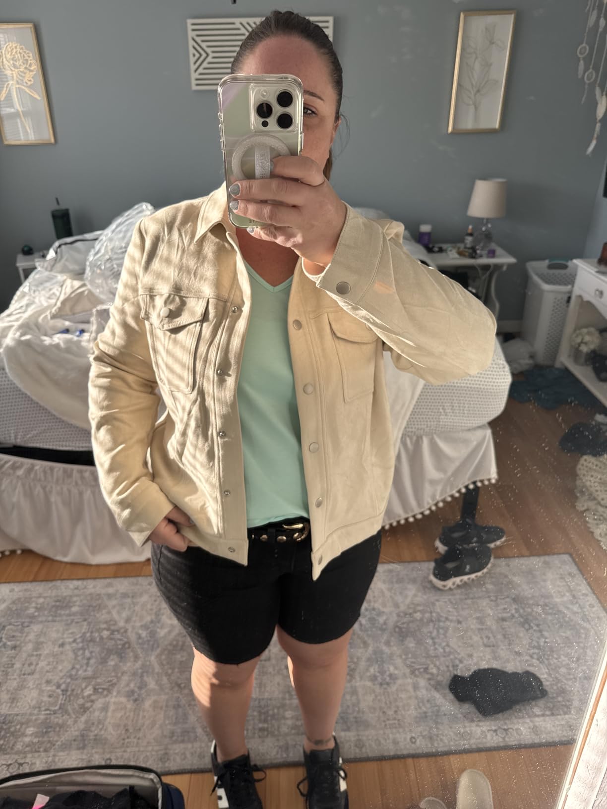 Allegra K Women's Faux Suede Jacket Turn-Down Collar Long Sleeve Shacket customer photo 1