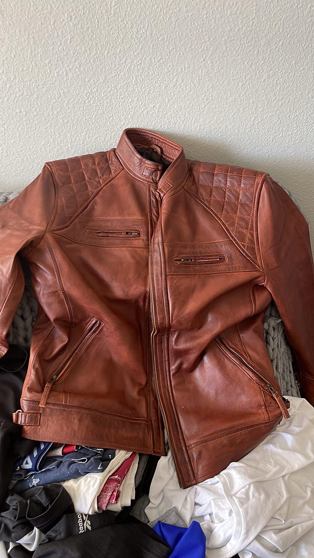 Cafe Racer Style Leather Jackets for Men | Real Lambskin Leather, Polyester Lined, Shoulder Detailing, Zip Closure, Cuffs, Inside Pockets customer photo 2