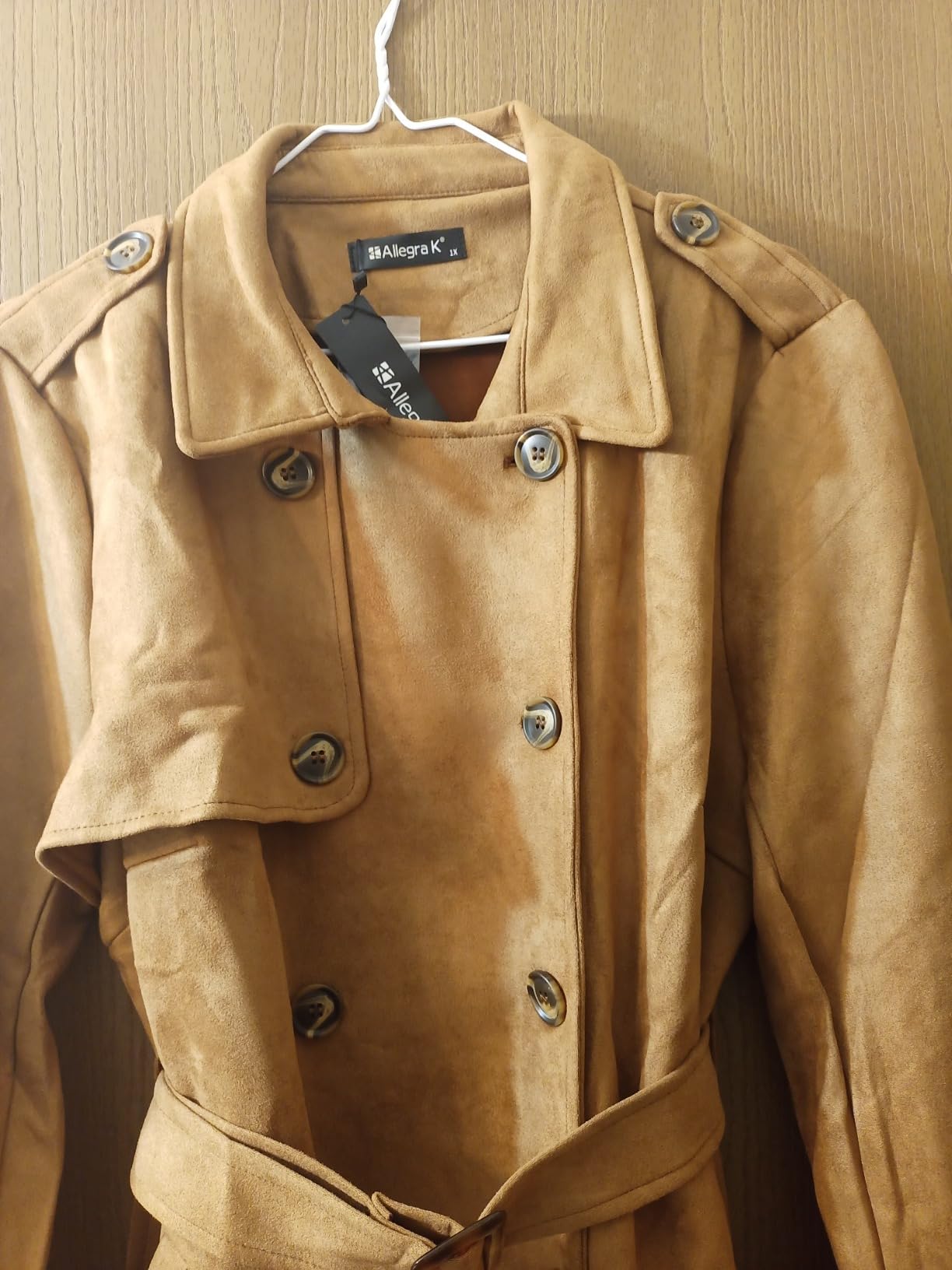 Allegra K Women's Faux Suede Trench Coat Double Breasted Jacket with Belt customer photo 2